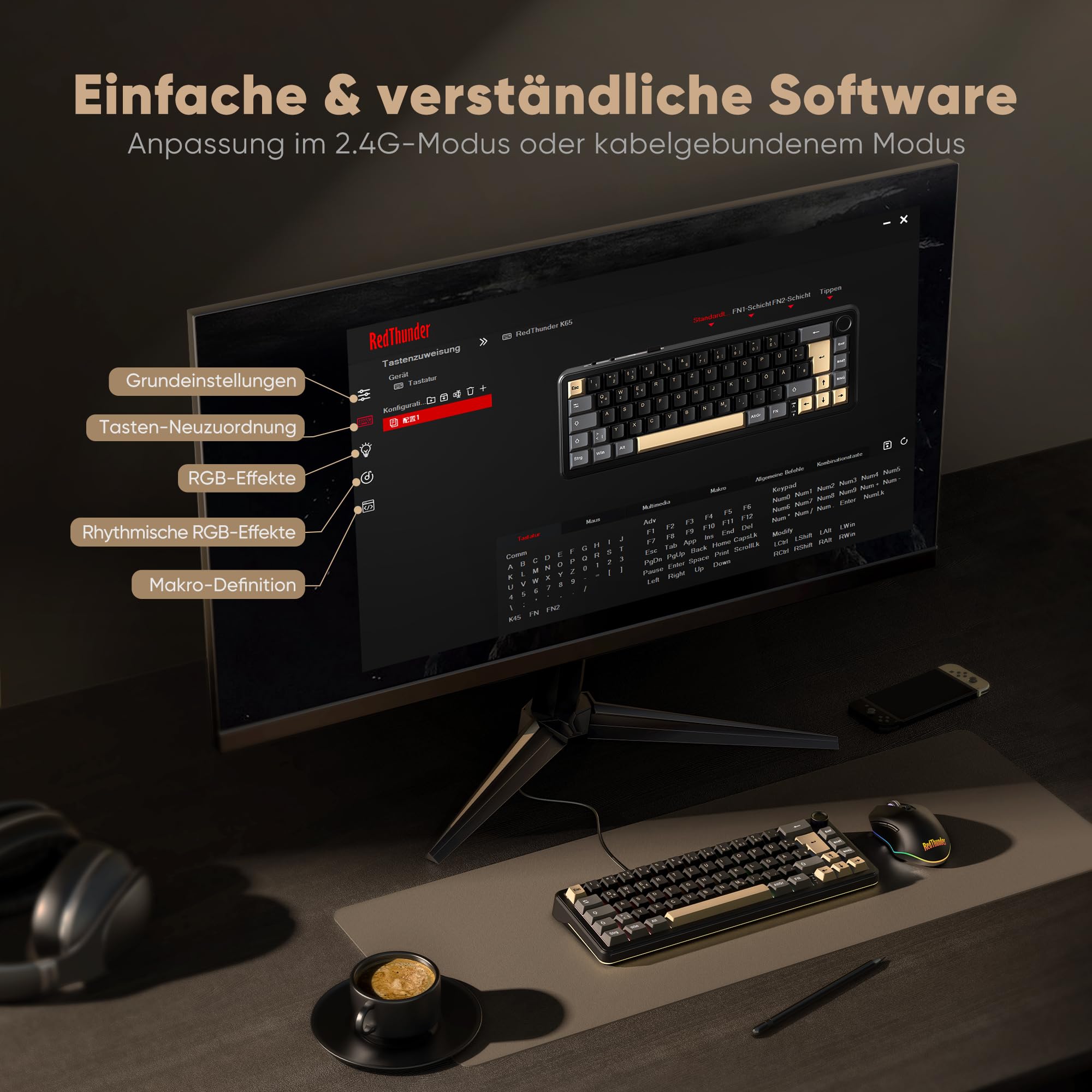 RedThunder K65 tastiera meccanica gaming wireless DE RGB