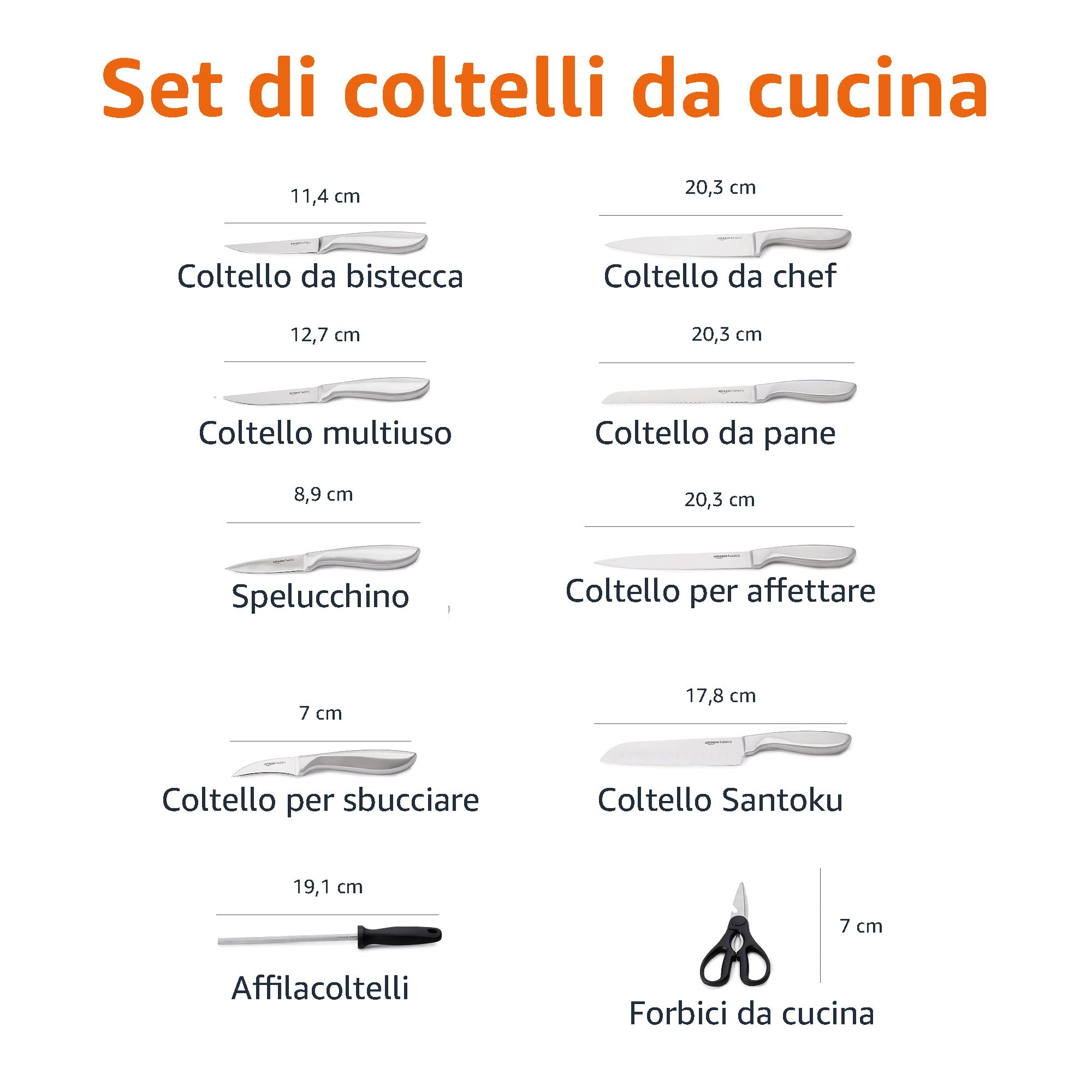 Amazon Basics set coltelli cucina 18 pezzi acciaio nero