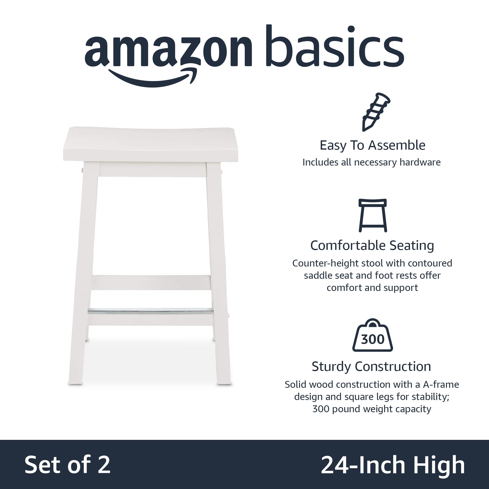 AmazonBasics Set 2 Sgabelli Bancone Legno Bianchi 61 cm