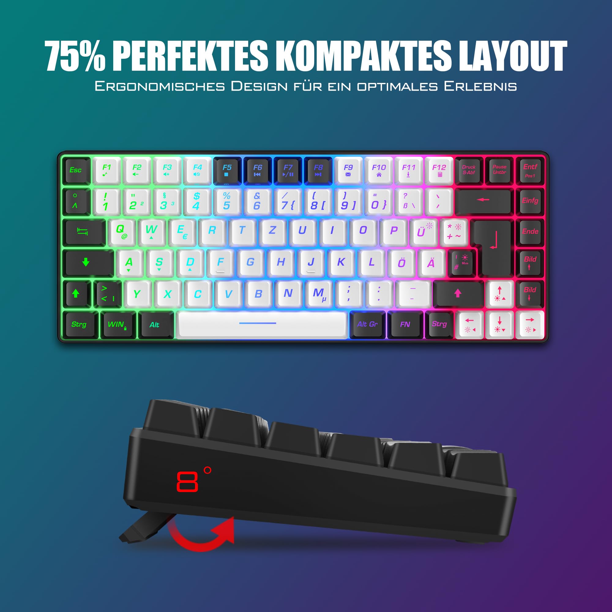 RedThunder K84 Combo Tastiera e Mouse Wireless Bianca-Nero 75%