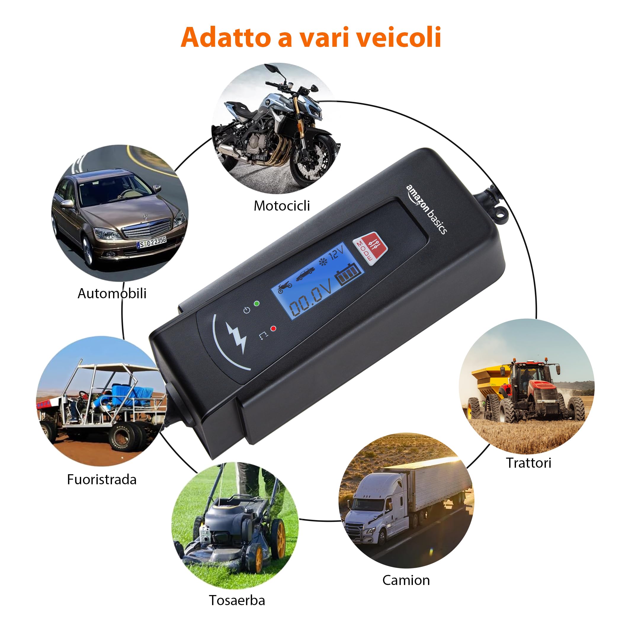 Amazon Basics Caricabatterie Auto 6V 12V 2A 4A Nero con Tester