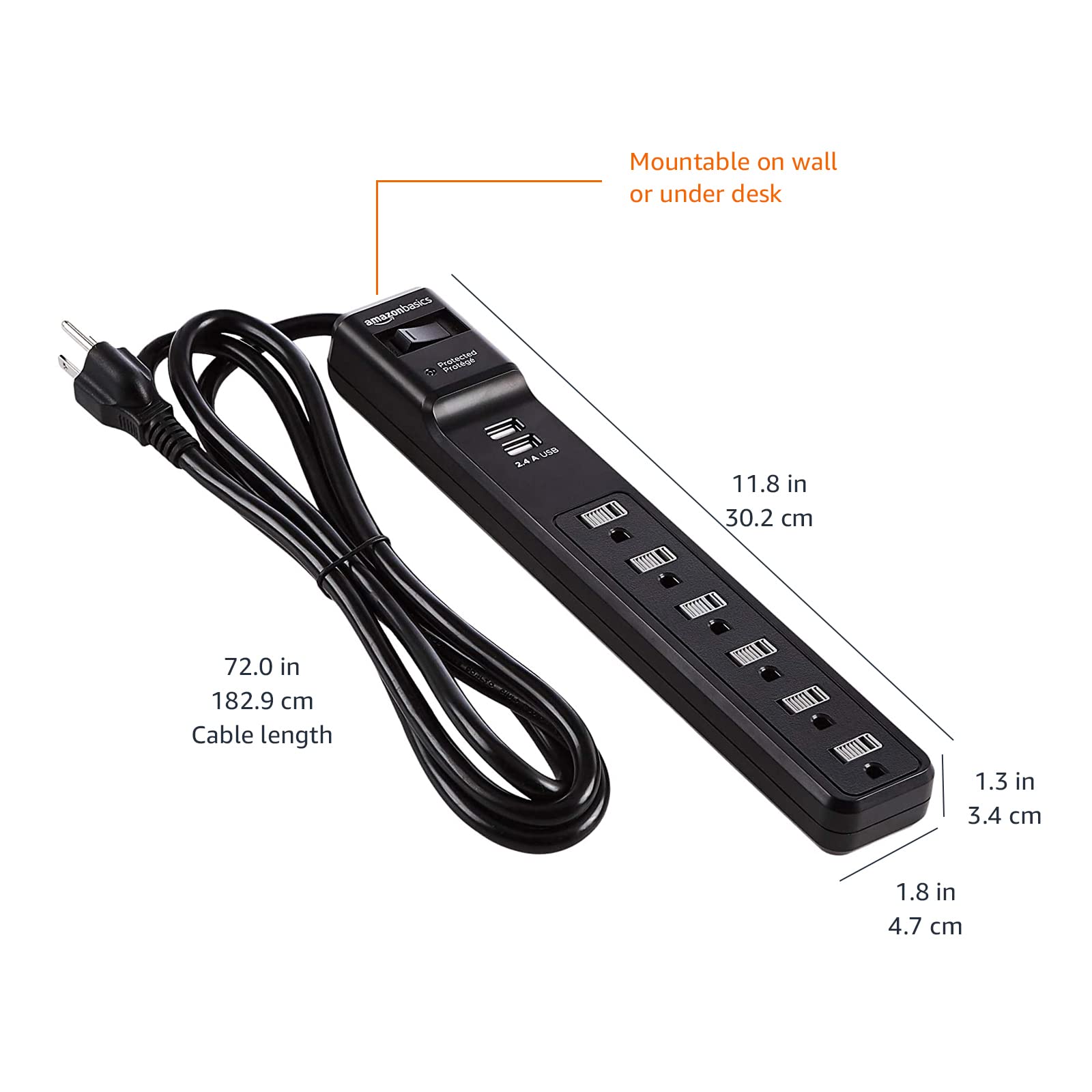 Amazon Basics Multipresa 6 Prese 2 USB 1000J Nera