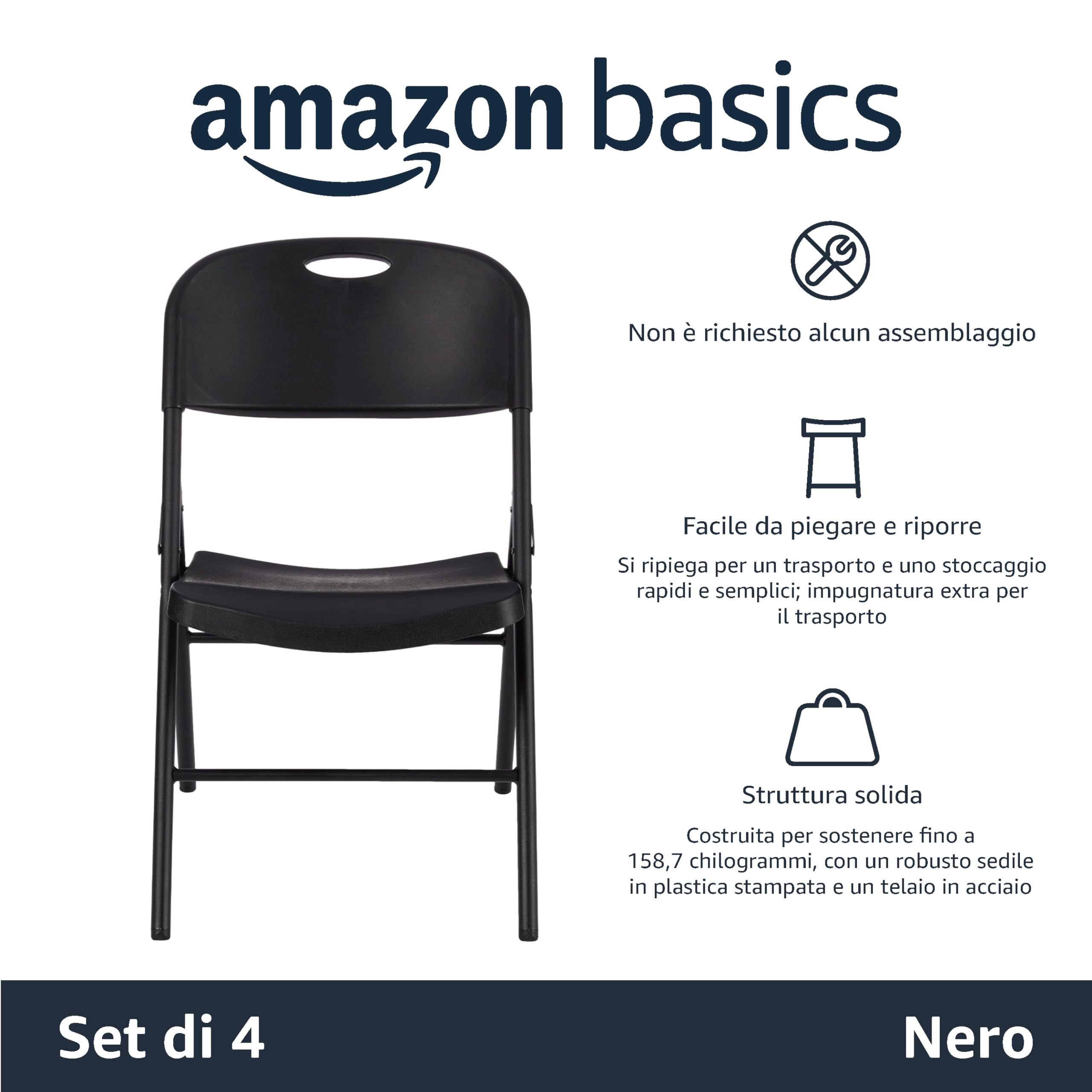 AmazonBasics Sedie Pieghevoli Nere Set 4 Portata 158 Kg
