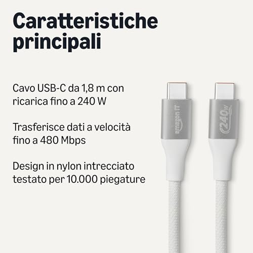 Amazon Basics Cavo USB-C 240W 1,8 m Bianco Confezione da 50