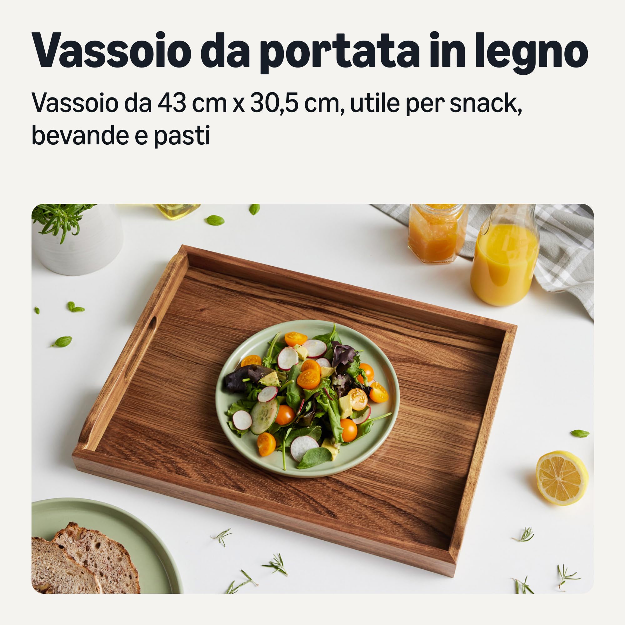 Amazon Basics Vassoio Portata Legno Acacia 43x30 cm con Manici