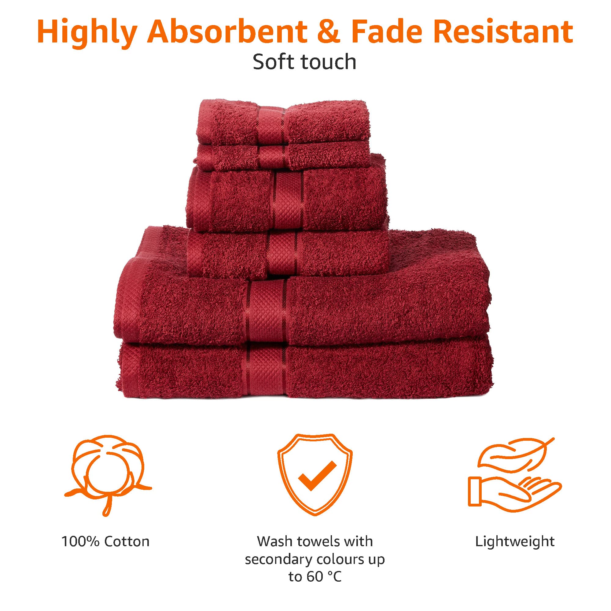 AmazonBasics Set Asciugamani Cotone 6 Pezzi Rosso assorbente
