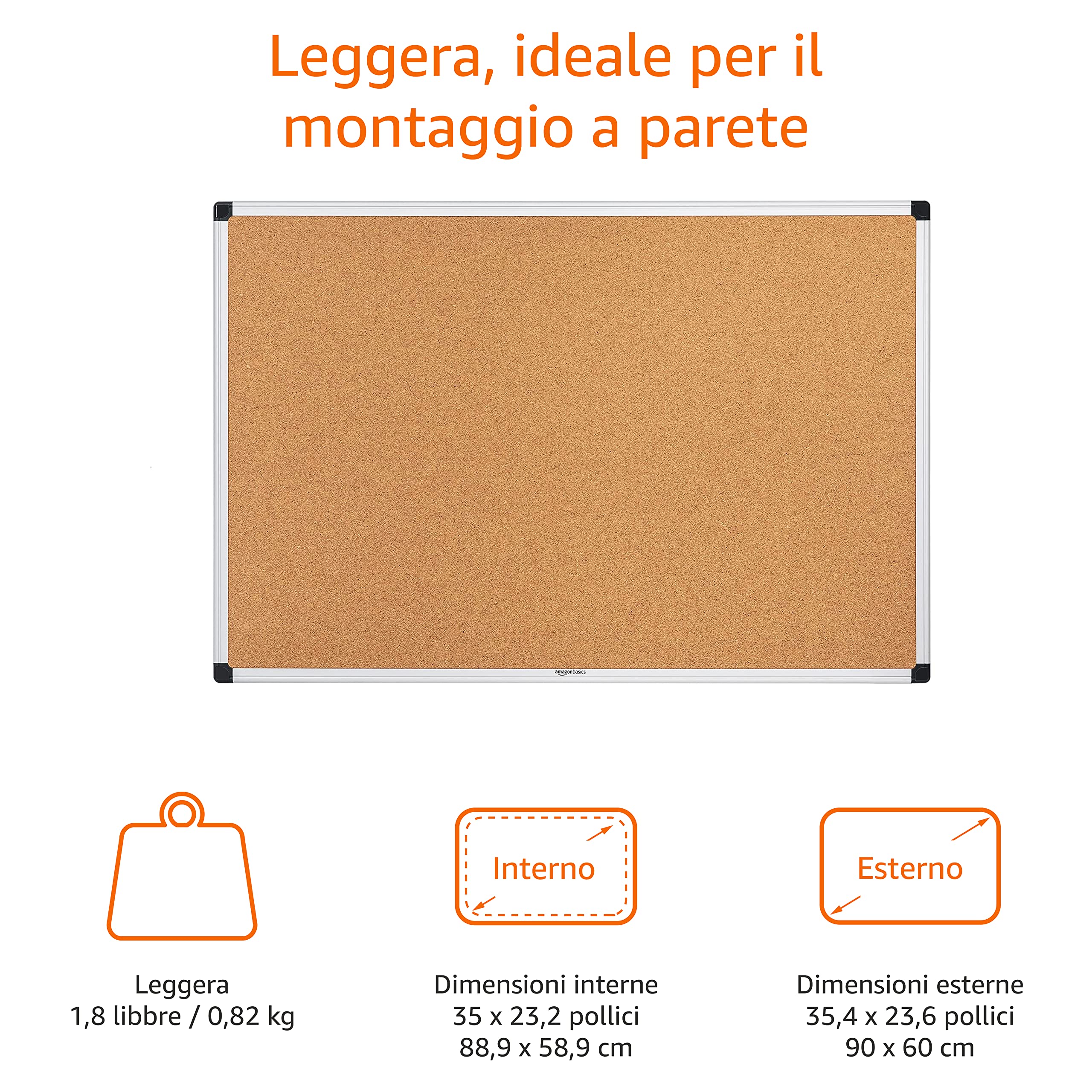 Amazon Basics Bacheca Sughero 90x60 cm Alluminio Argento