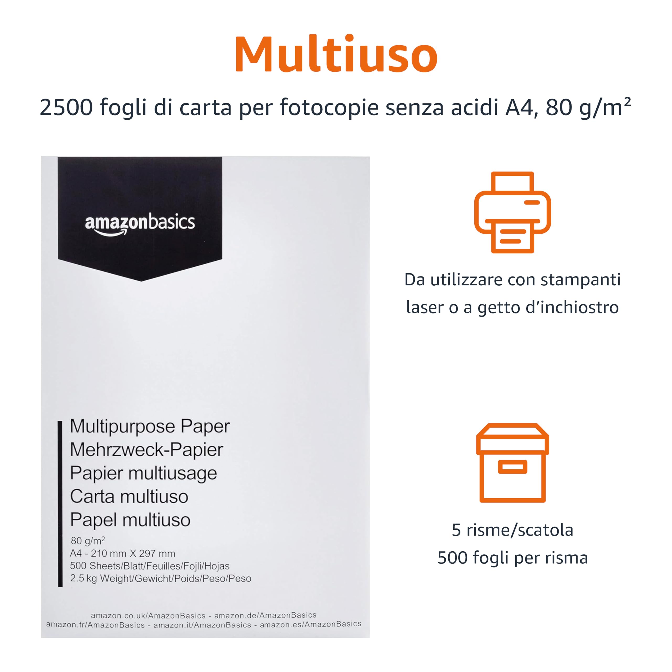 Amazon Basics Carta da Stampa Multiuso A4 80g 2500 Fogli Bianca