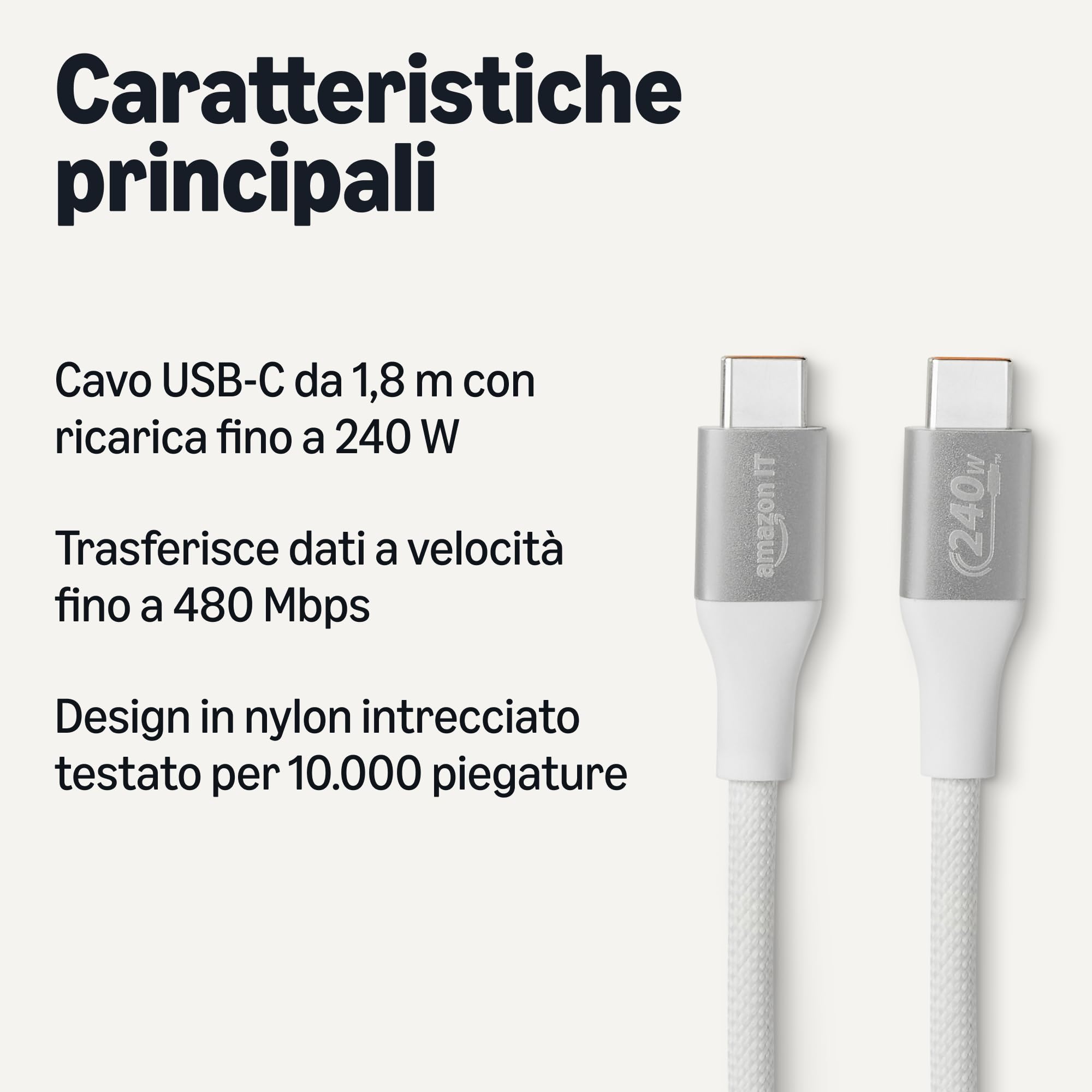 Amazon Basics Cavo USB-C 240W 1,8 m Bianco Confezione da 50