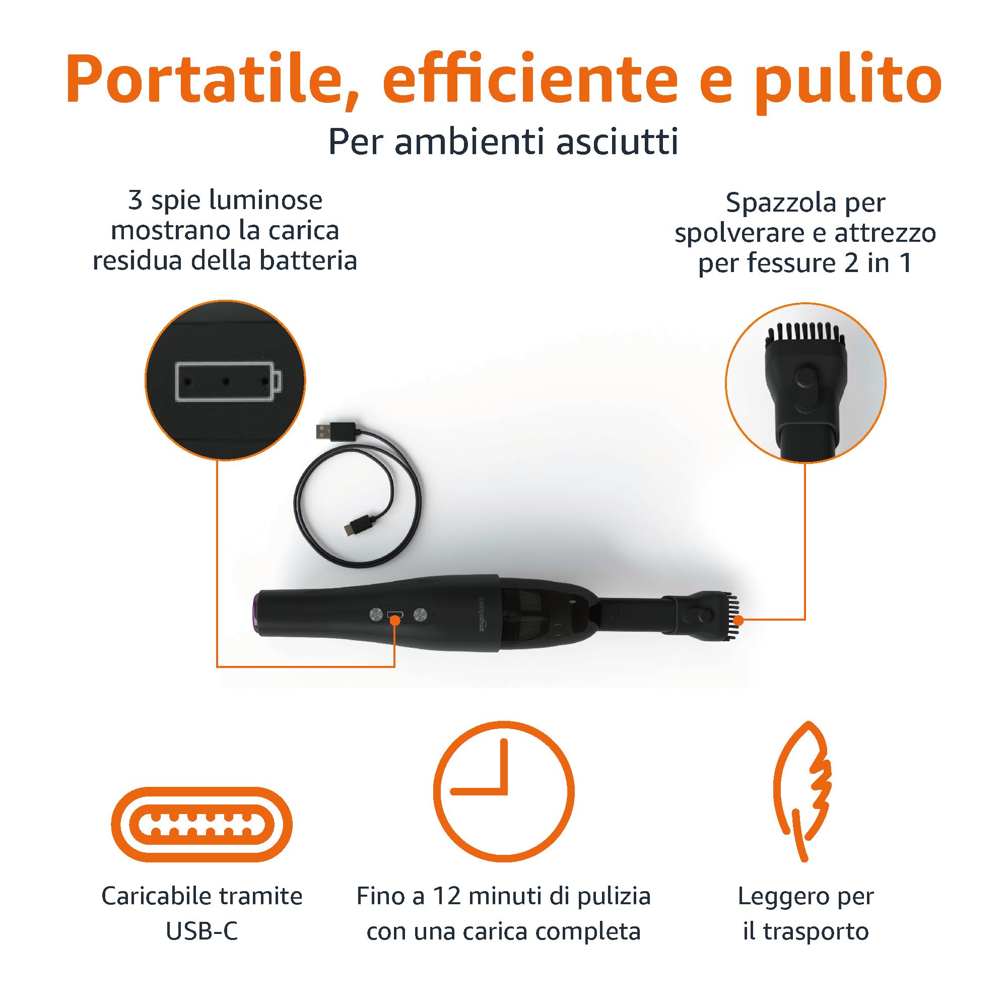 AmazonBasics Aspirapolvere Manuale Senza Fili Nero USB