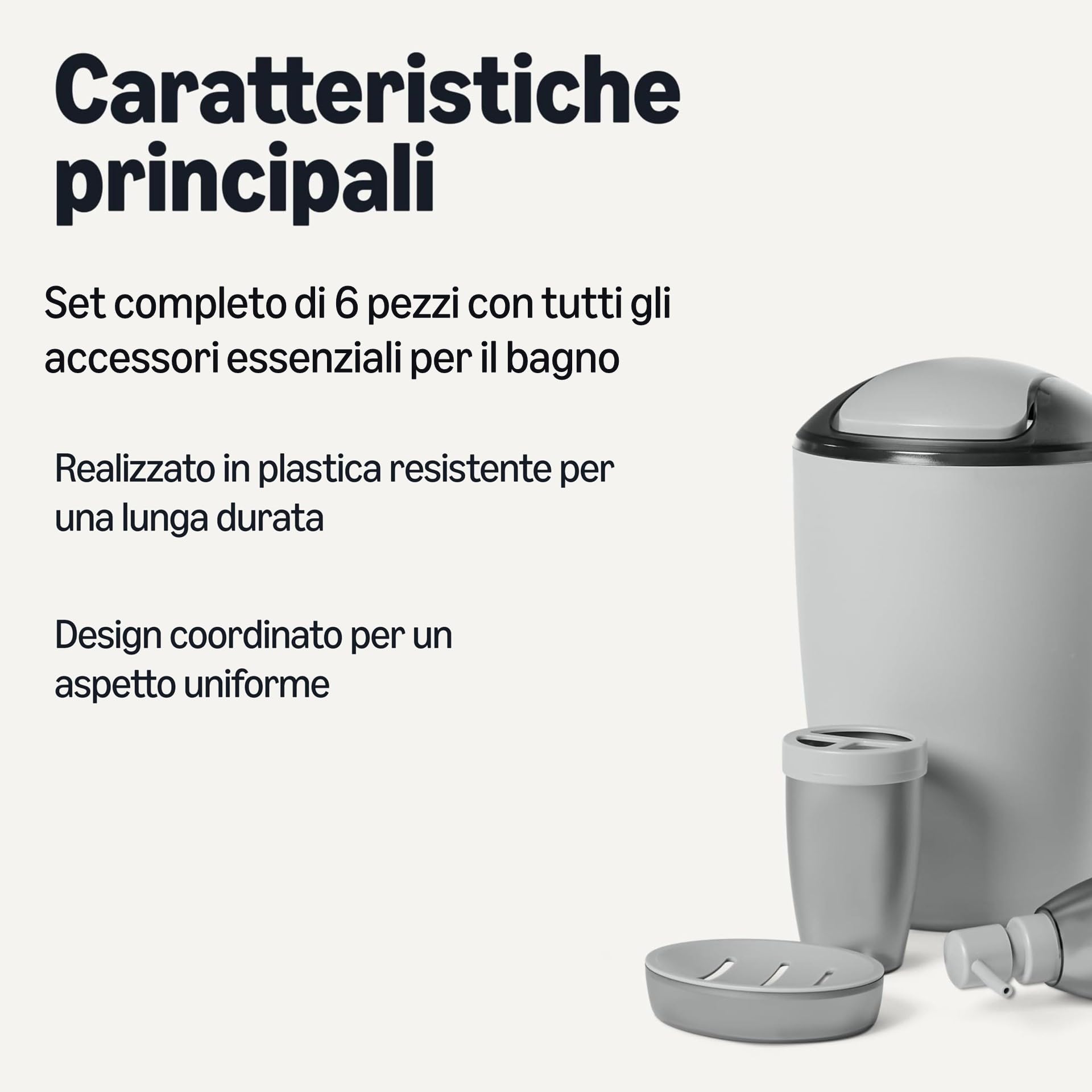 AmazonBasics Set Accessori Bagno 6 Pezzi Grigio Plastica