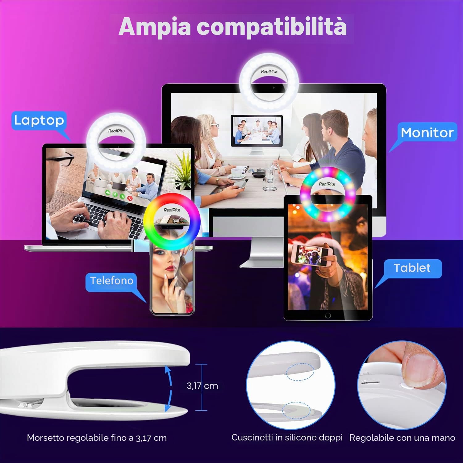 RealPlus Luce Anello Selfie RGB con Clip Ricaricabile USB