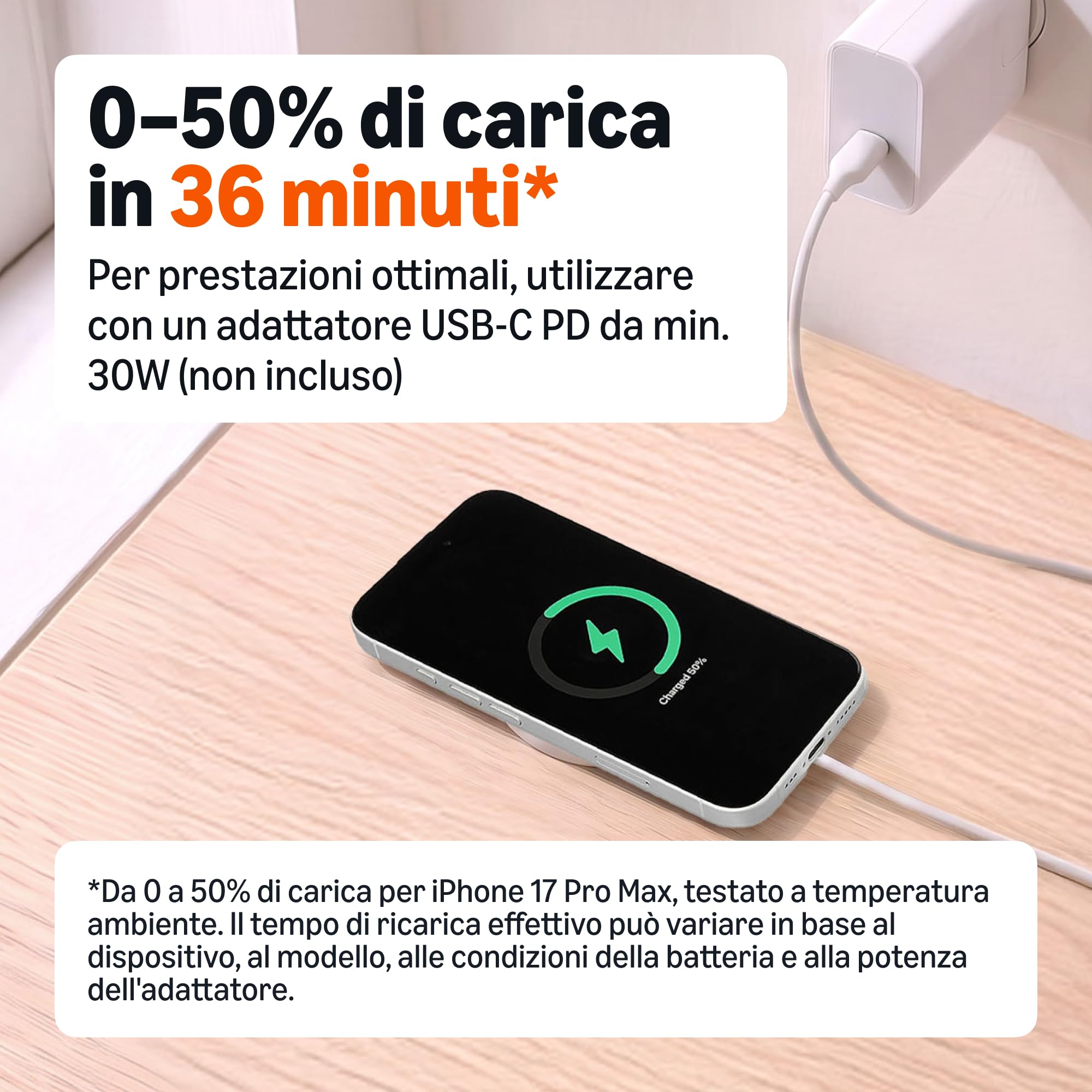 AmazonBasics Base Ricarica Wireless Qi2.2 25W Bianco Magnetico