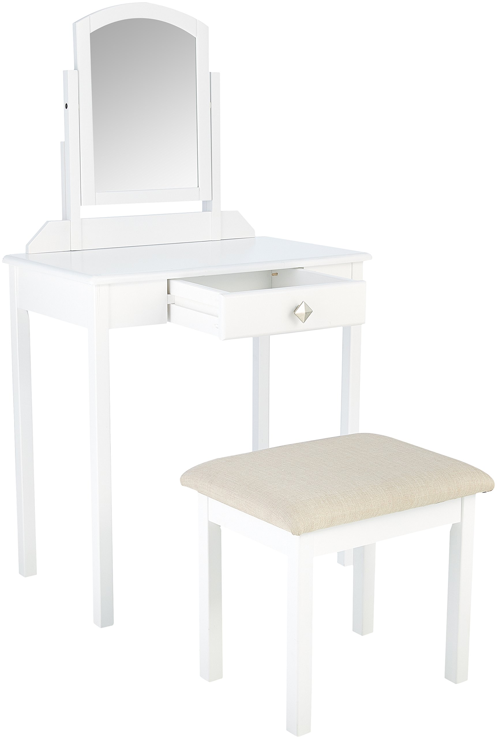 Amazon Basics Set Tavolo Toeletta Bianco con Sgabello e Specchio