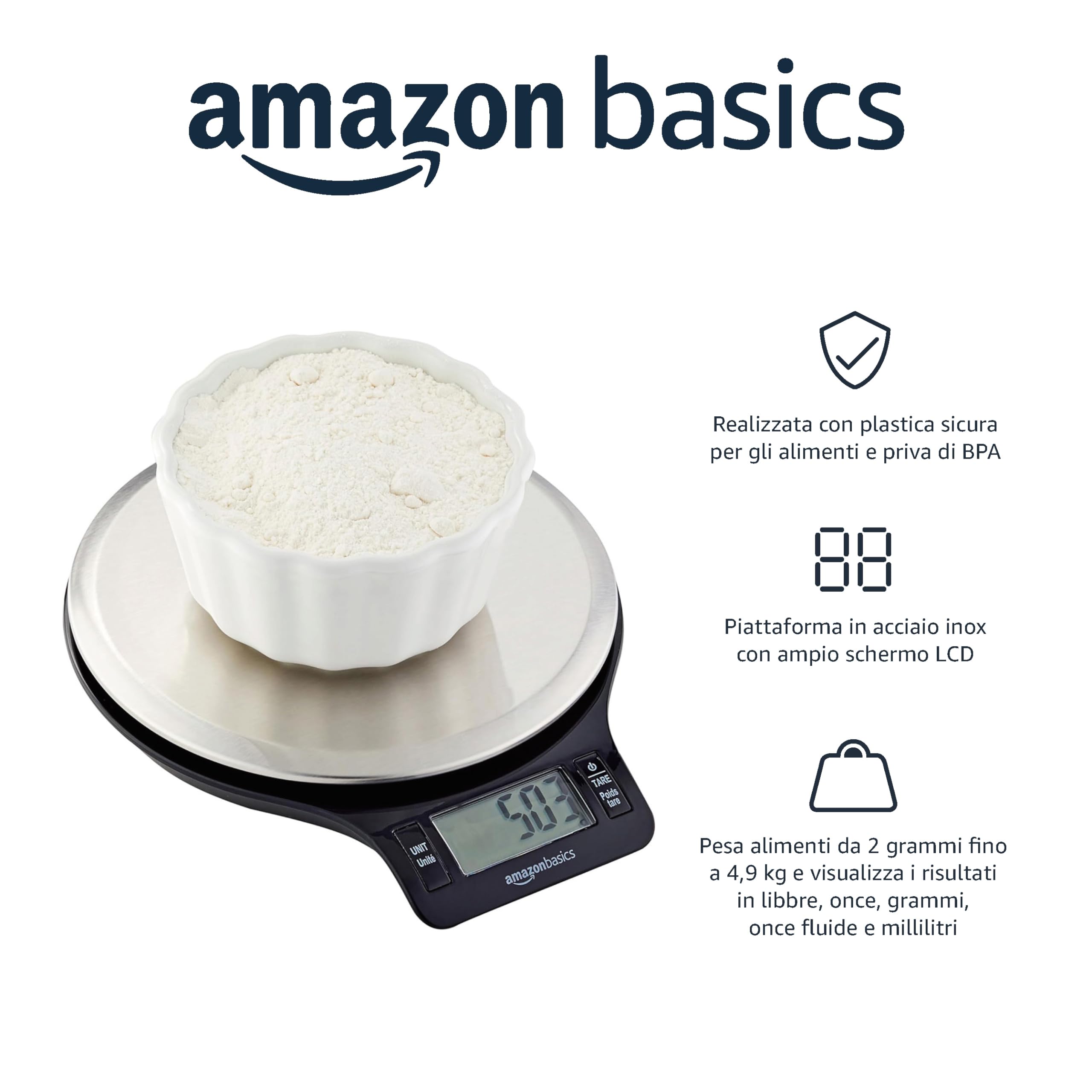 Amazon Basics Bilancia Cucina Digitale LCD Nero Acciaio 5 kg