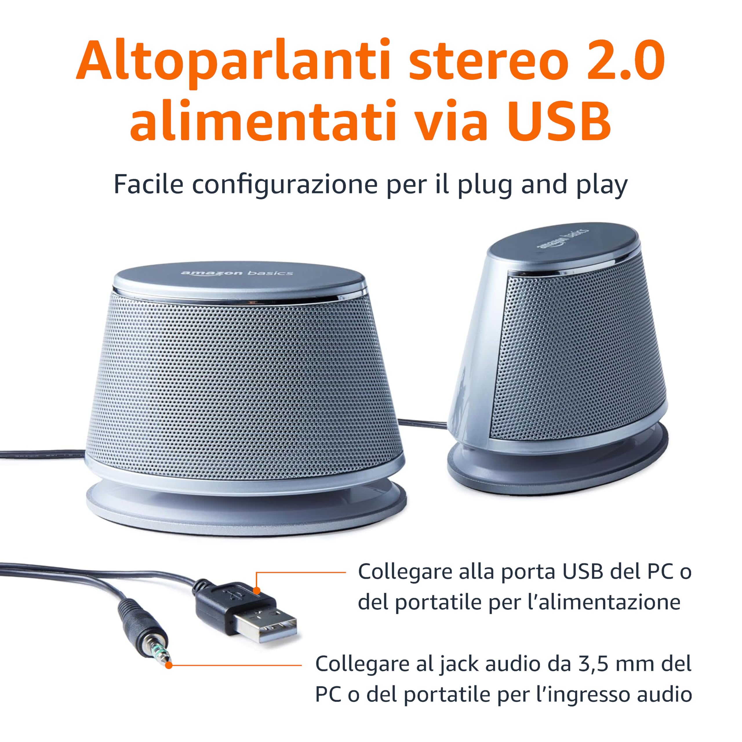 Amazon Basics Altoparlanti PC USB Argento AUX 2.0 Coppia