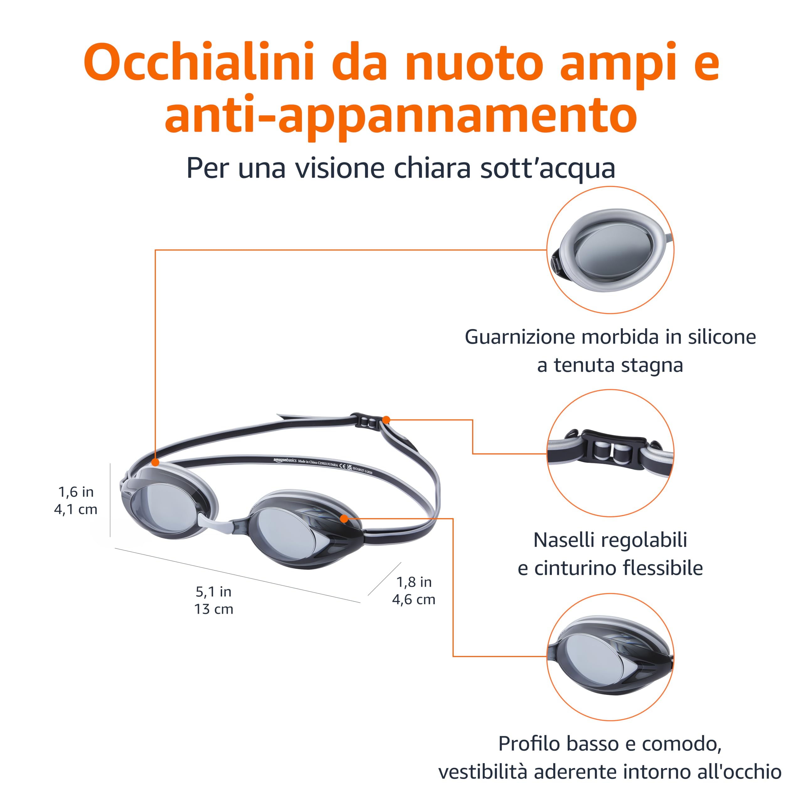 Amazon Basics Occhialini Nuoto Adulti Argento Specchio Antiappannamento