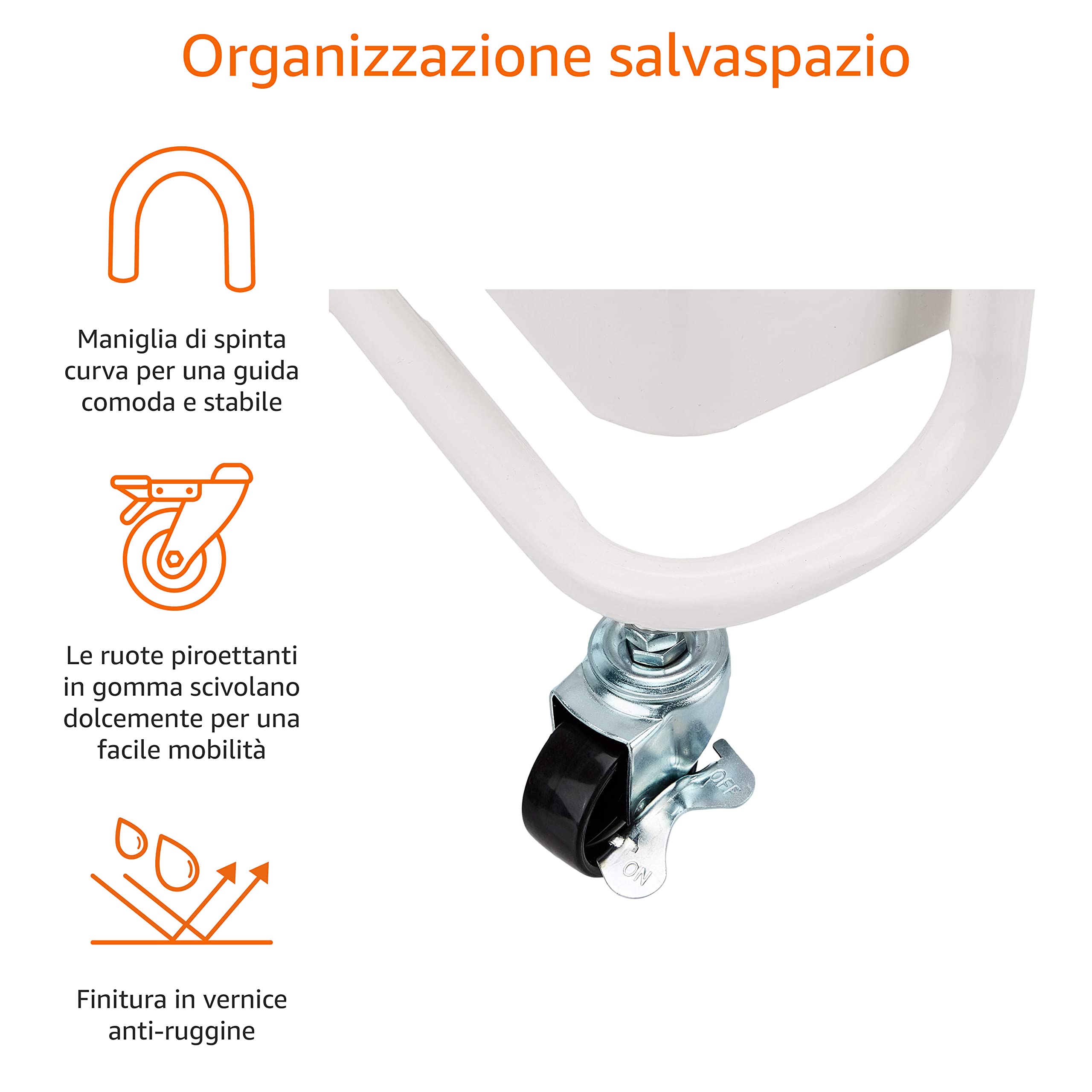 Amazon Basics Carrello 3 Ripiani con Ruote Bianco Cucina