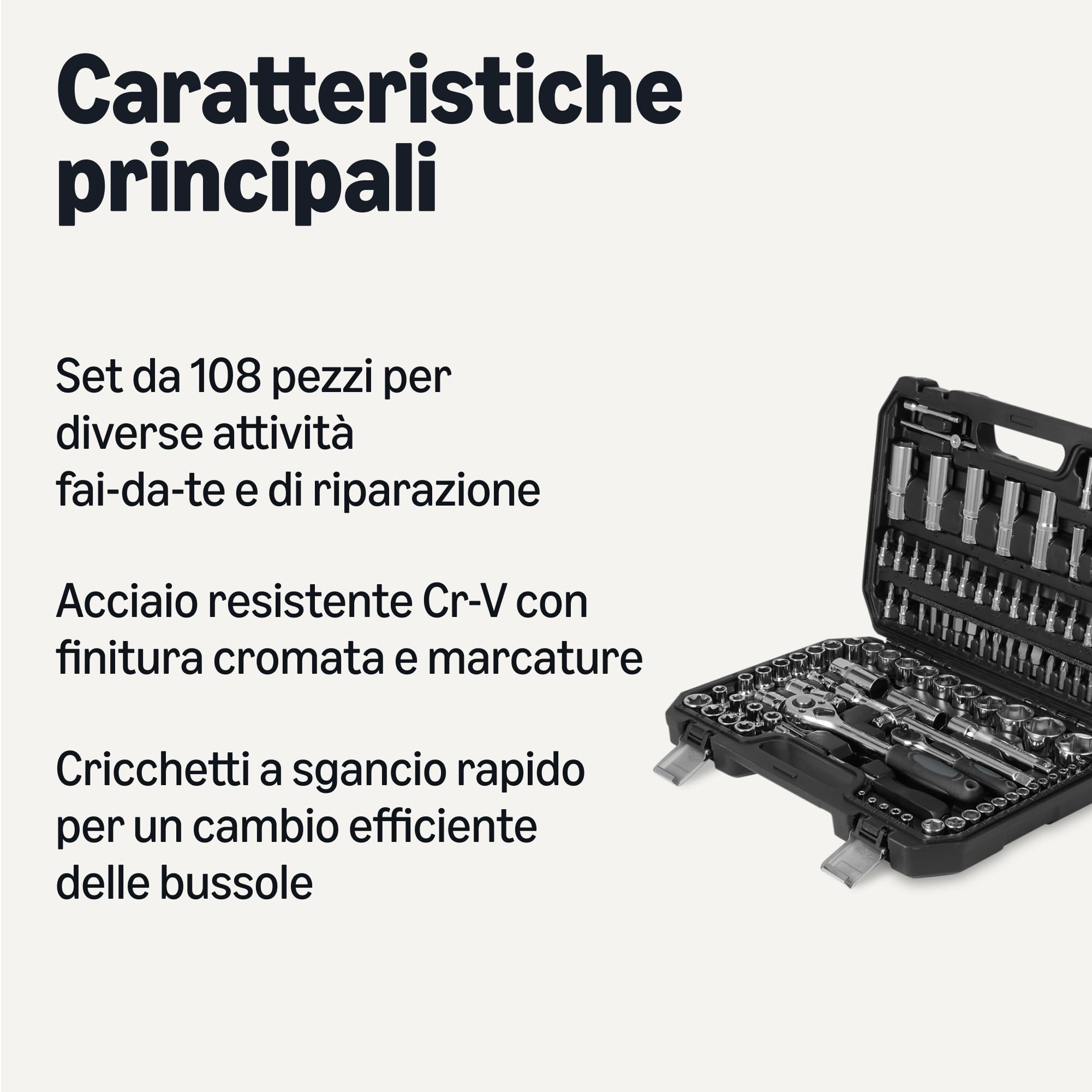 Amazon Basics Set Bussole 108 Pezzi con Cricchetto
