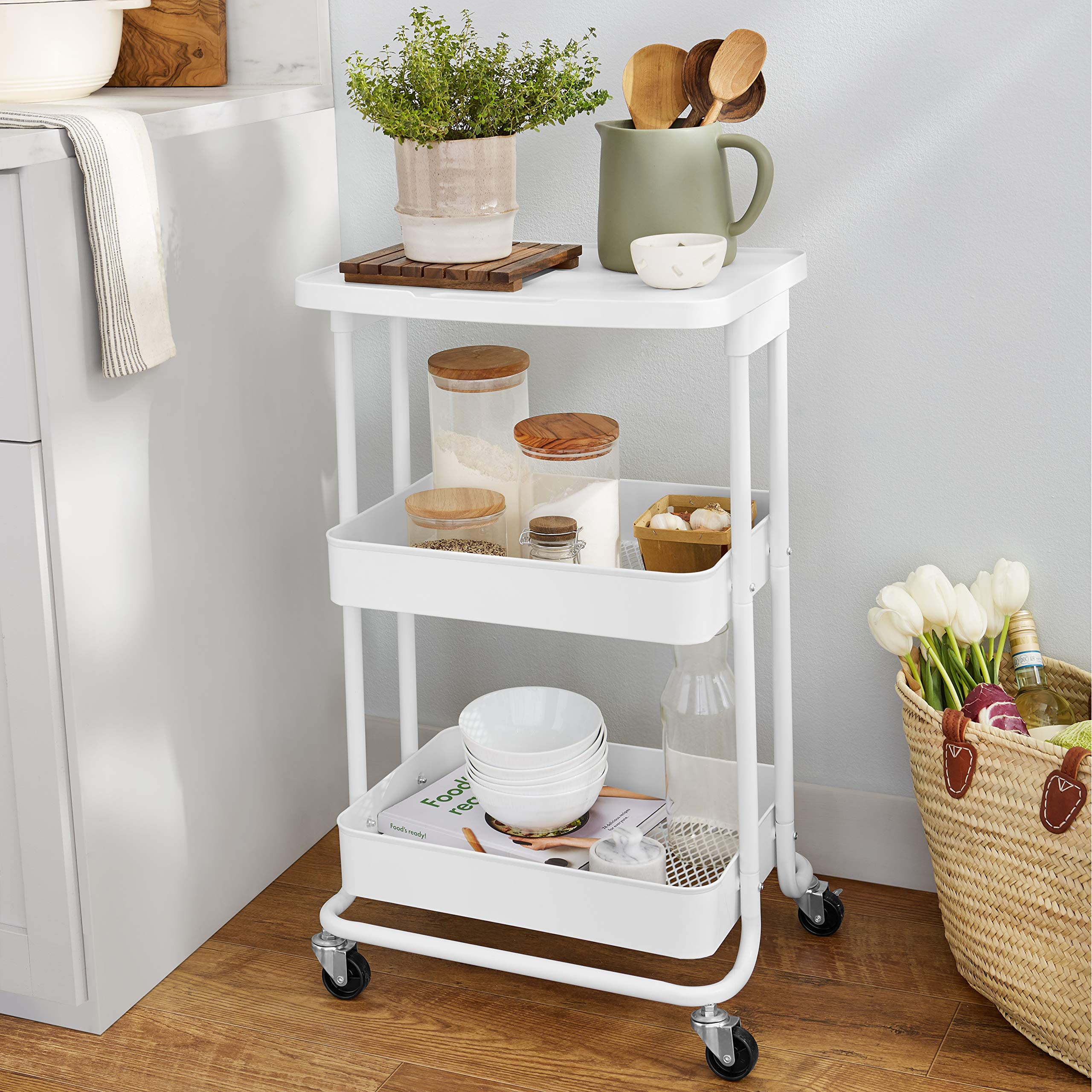AmazonBasics Carrello Cucina Metallo 2 Cesti Bianco con Ruote