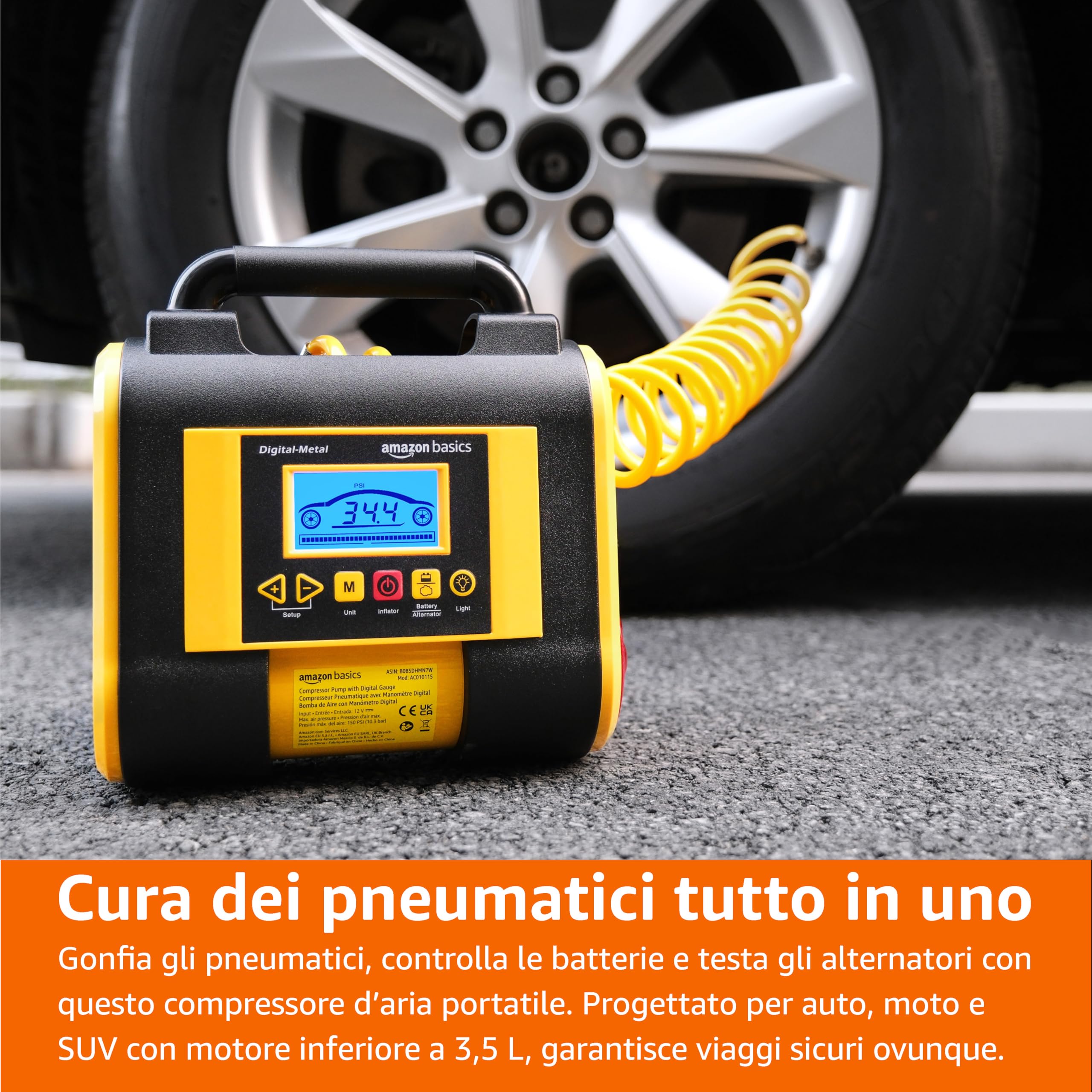 AmazonBasics Compressore Portatile 12V 150 PSI Nero con Manometro