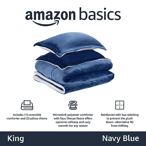 AmazonBasics Sherpa Set Copripiumino 3 Pezzi Blu Navy Morbido