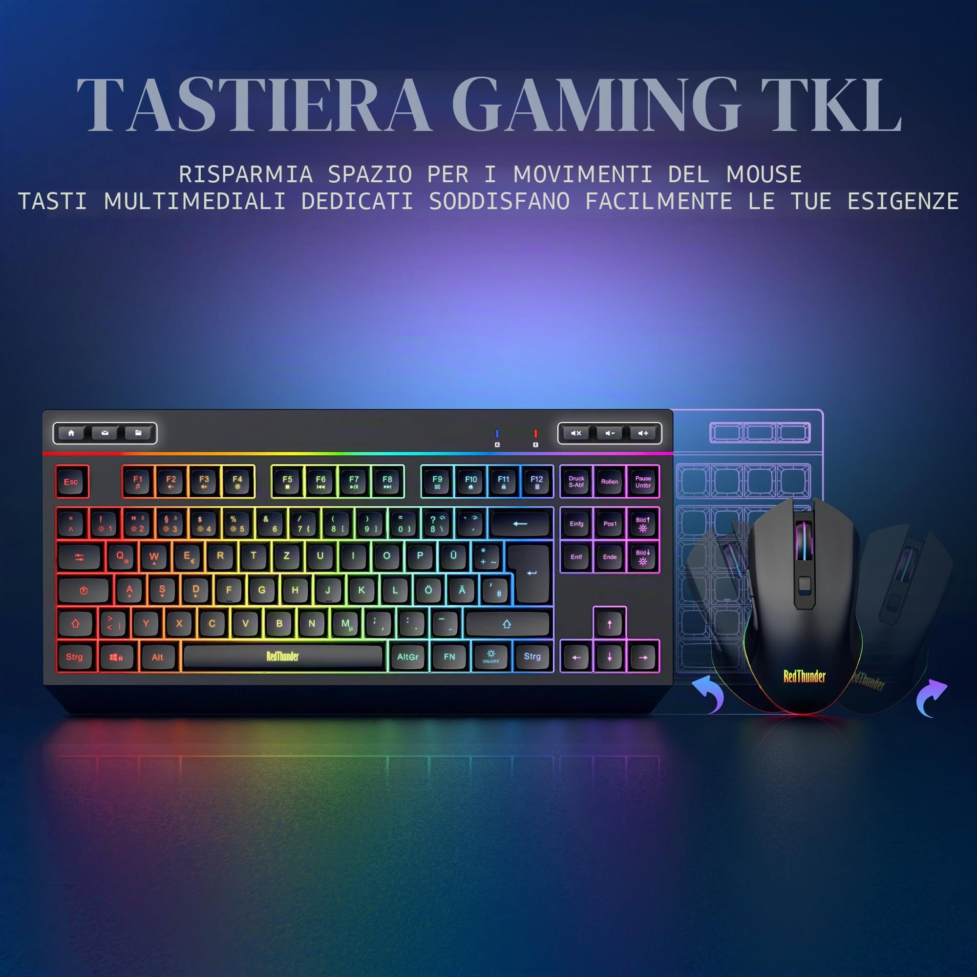 RedThunder Set Tastiera e Mouse Wireless Nero QWERTZ RGB