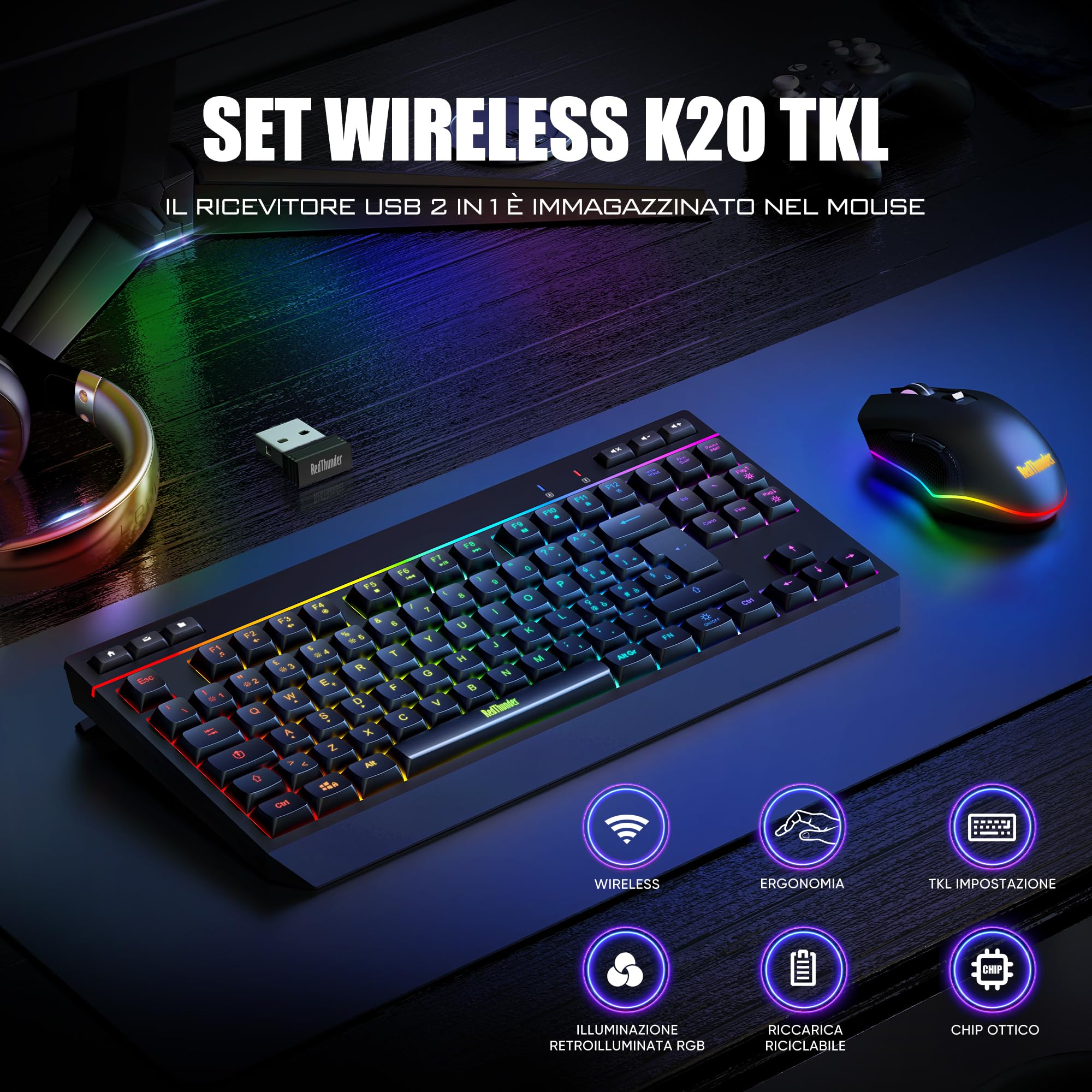 RedThunder K20 tastiera wireless gaming RGB nero layout IT