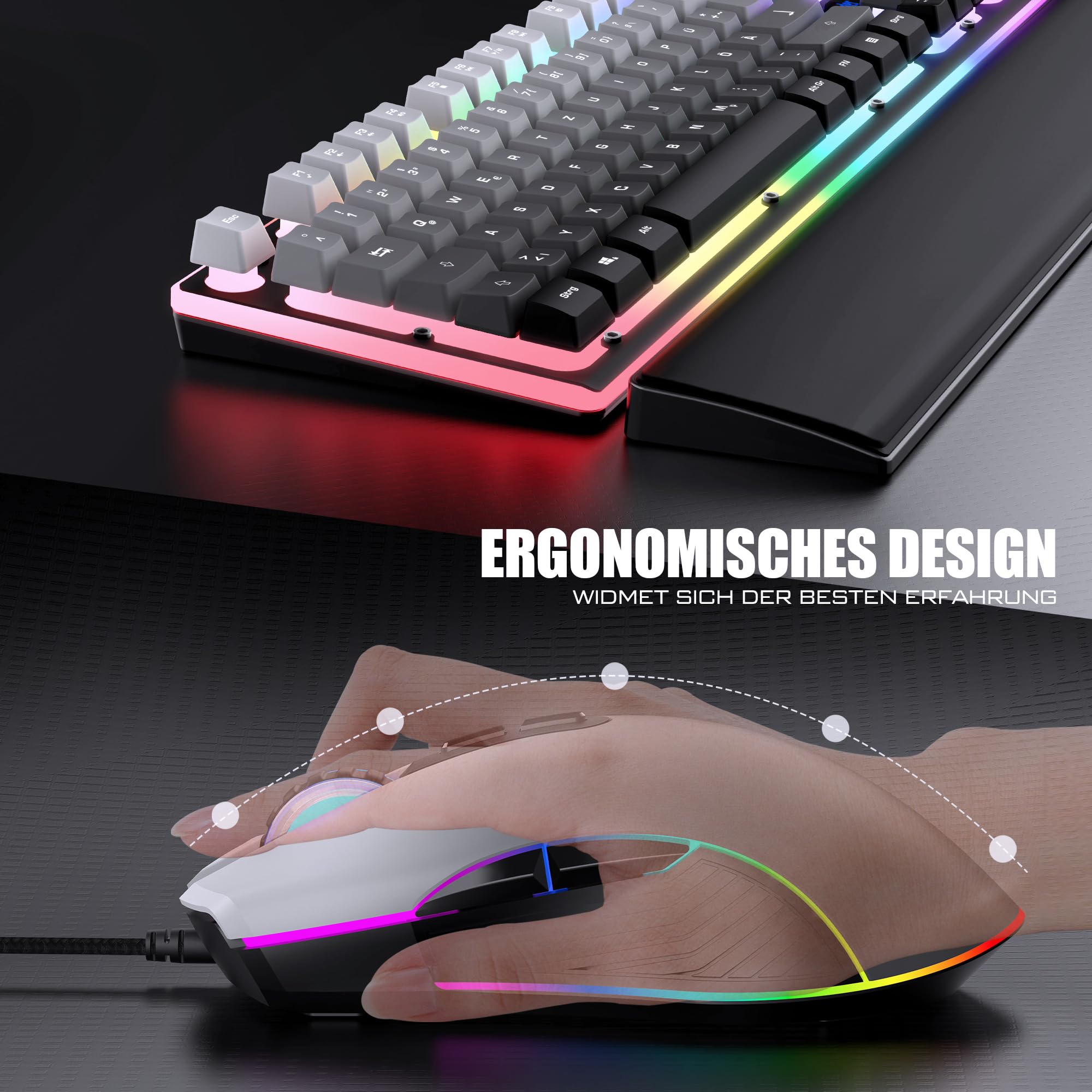 RedThunder K10 kit tastiera e mouse gaming grigio gradiente ergonomico
