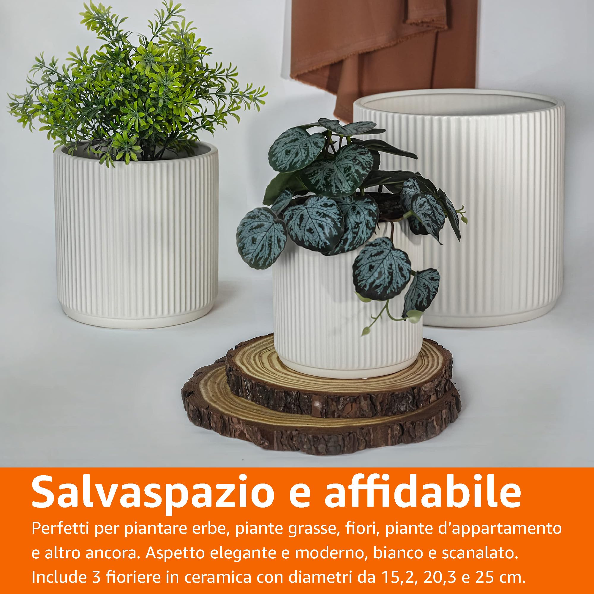 AmazonBasics Vasi Ceramica Scanalati Set 3 Bianco con Drenaggio