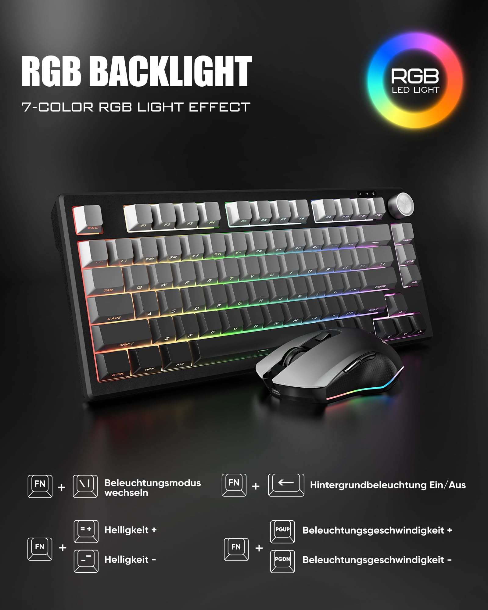 RedThunder K75 Kit Tastiera e Mouse Wireless RGB Grey