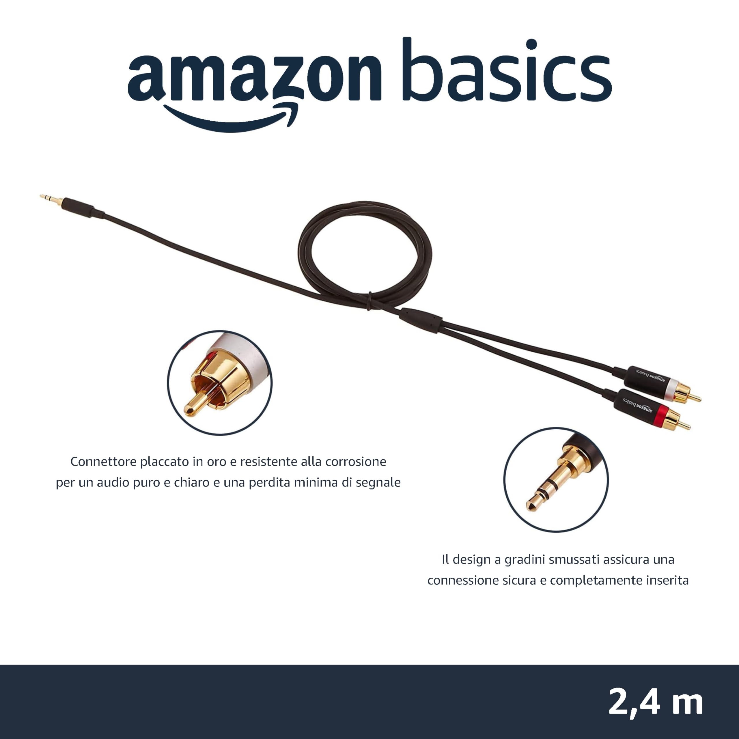 Amazon Basics Cavo Audio Aux 3,5-RCA 2,4 m Nero Placcato Oro