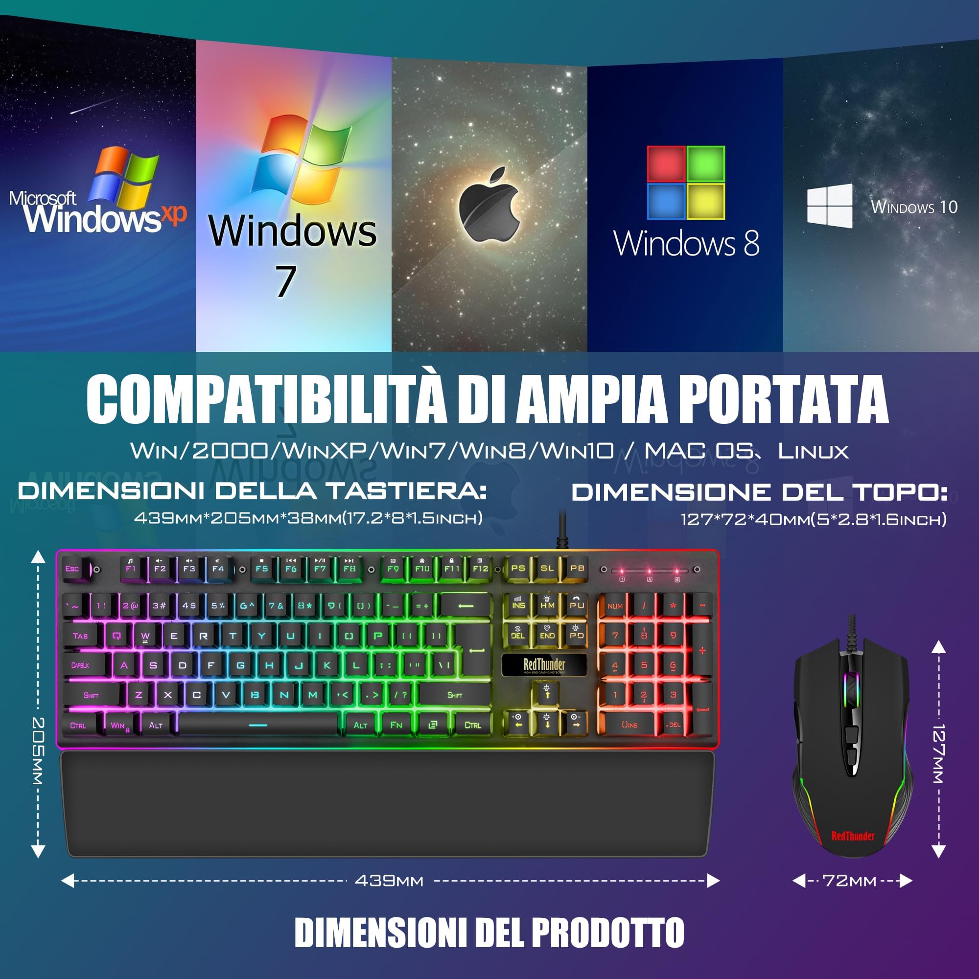 RedThunder K10 Combo Tastiera Mouse Gaming Nero RGB