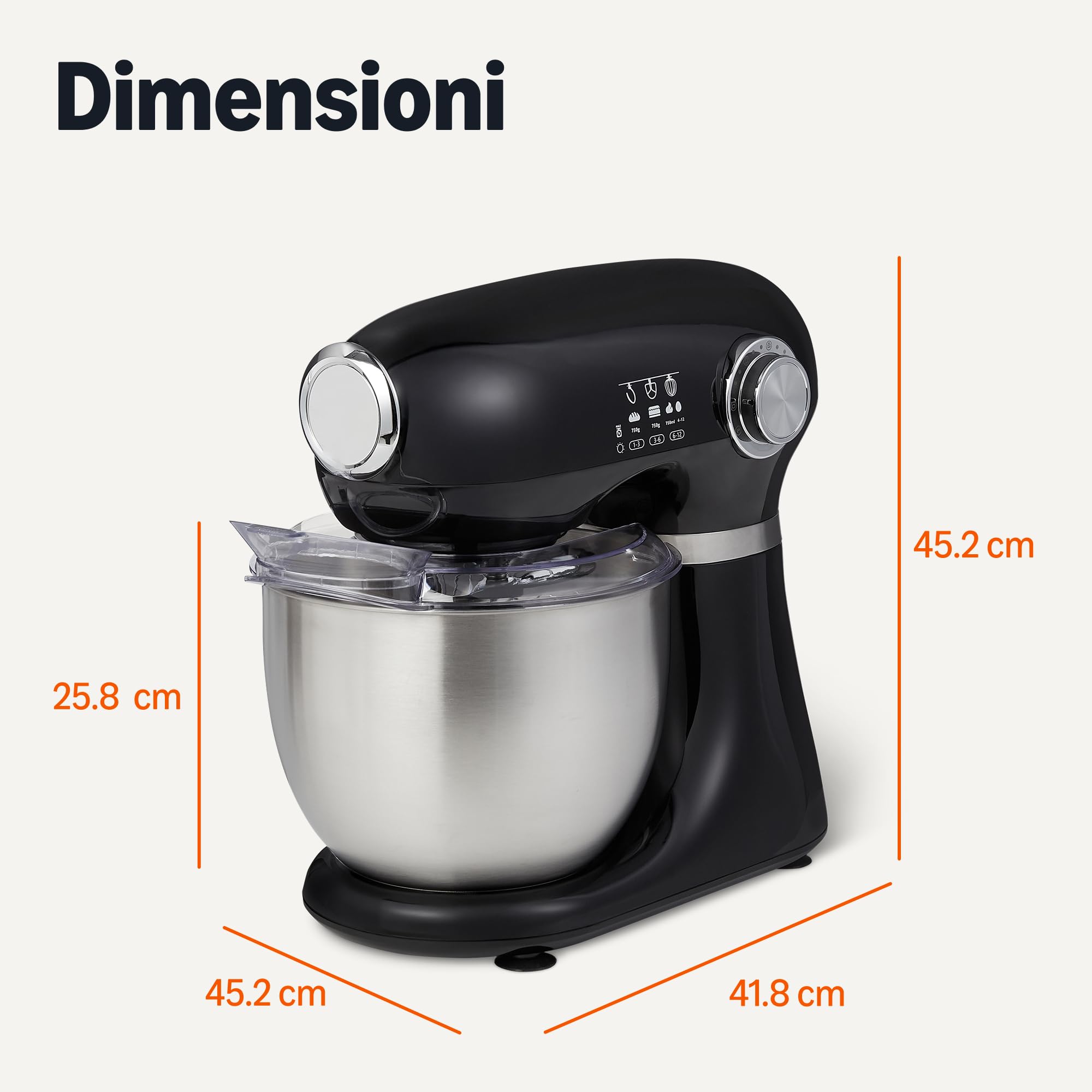 Amazon Basics Mixer Planetaria 5L 1000W 12 Velocità Nero con Ciotola