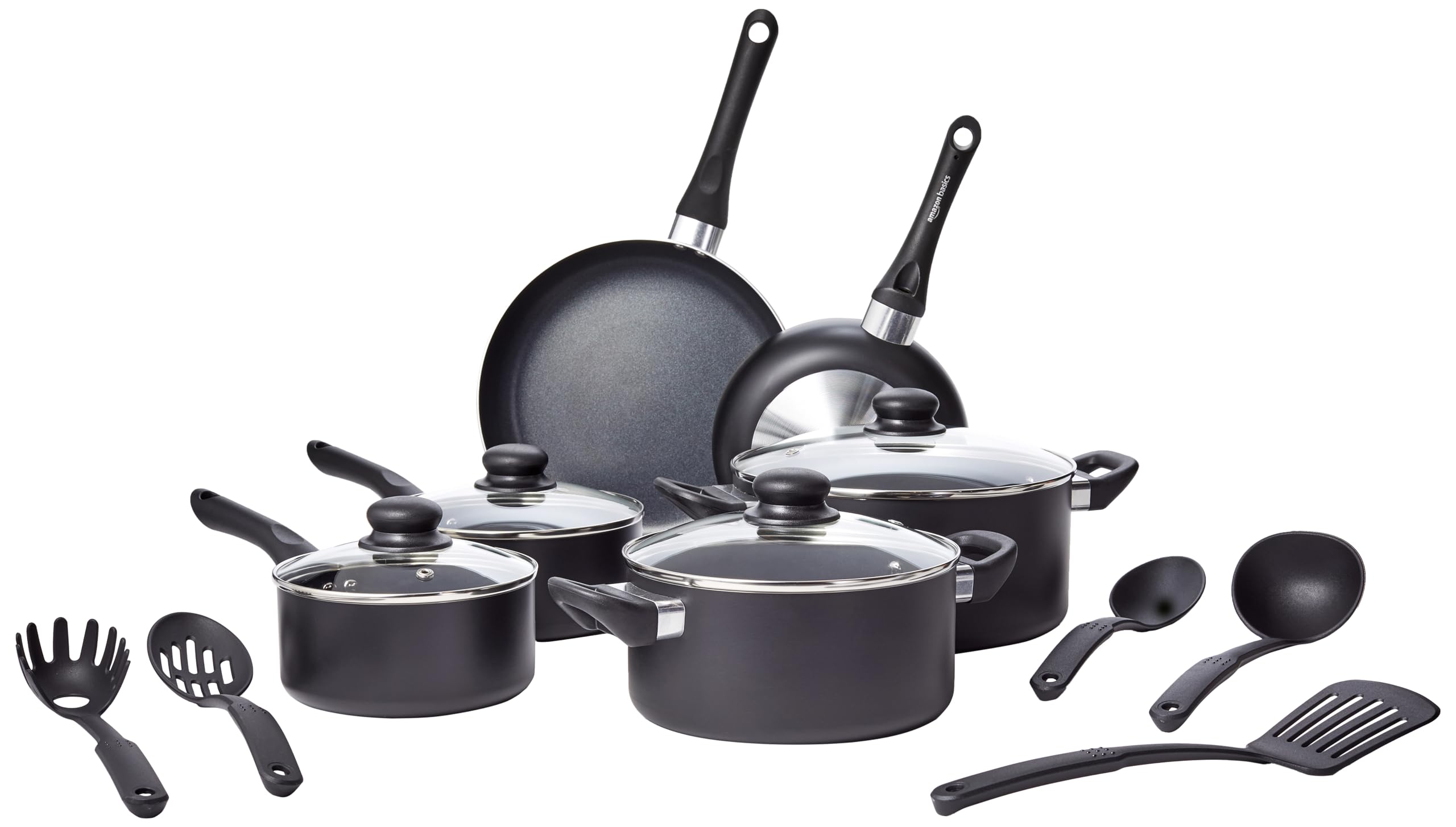 Amazon Basics Batteria Cucina 15 Pezzi Antiaderente Nero