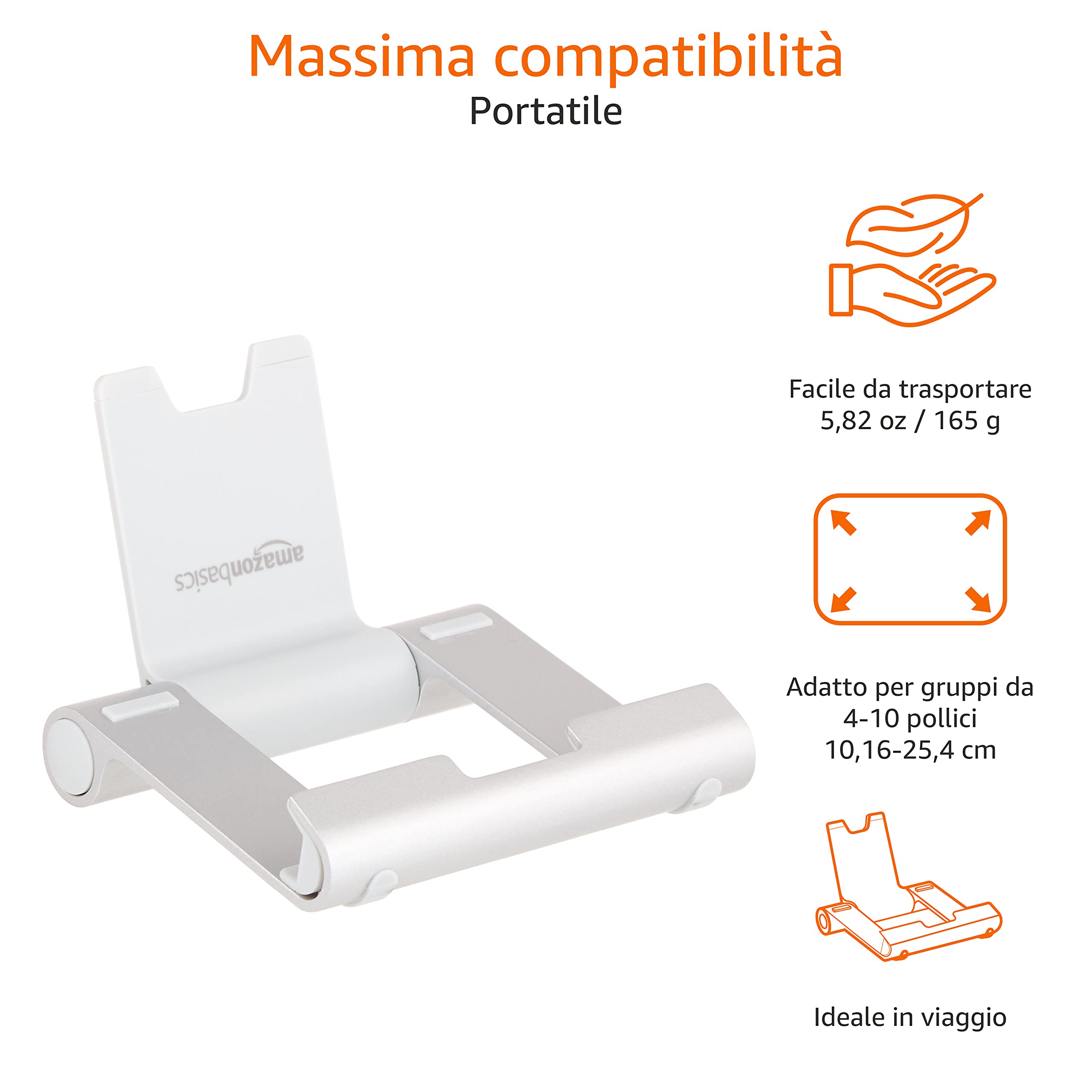 AmazonBasics Supporto Tablet Inclinabile Argento 4-10"
