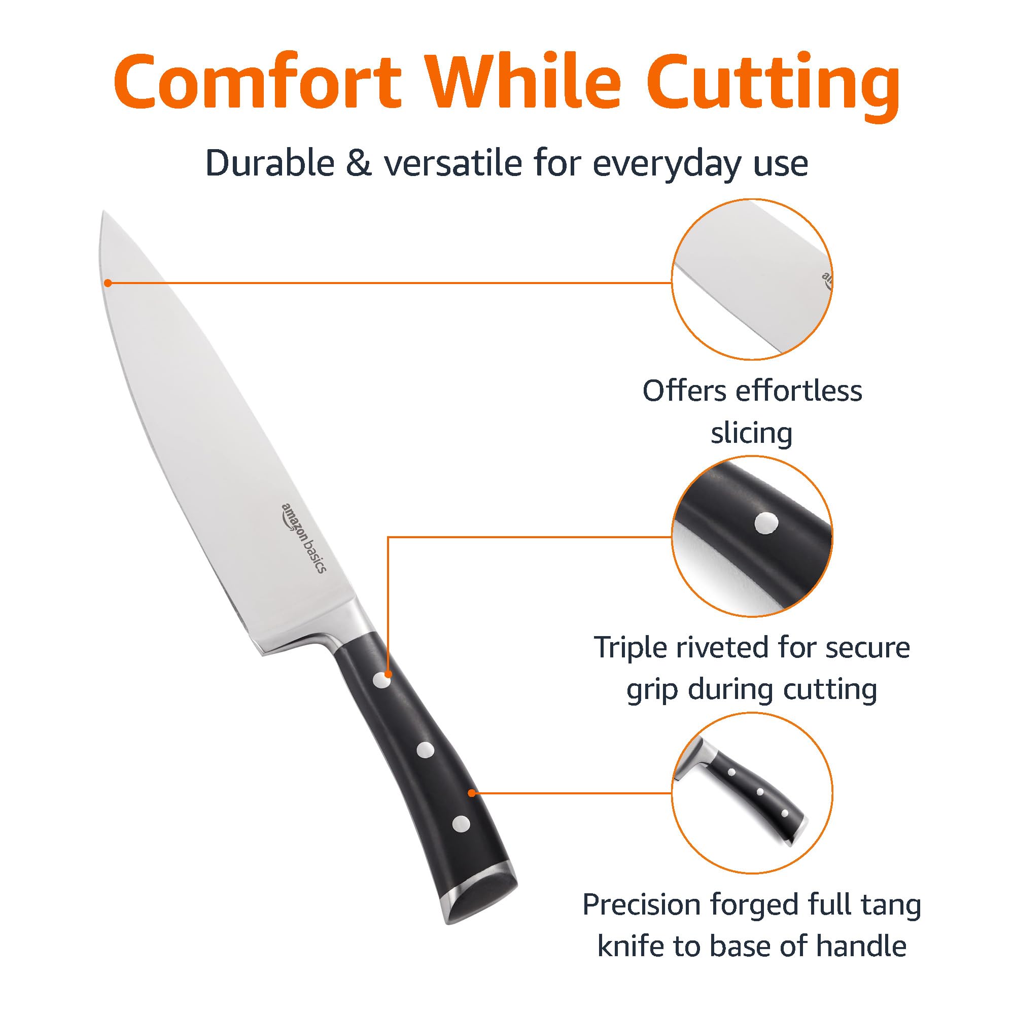 Amazon Basics coltello da chef 20 cm 8 pollici tre rivetti