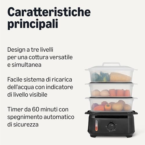 Amazon Basics Vaporiera Elettrica 9L 3 Livelli Nera 950W