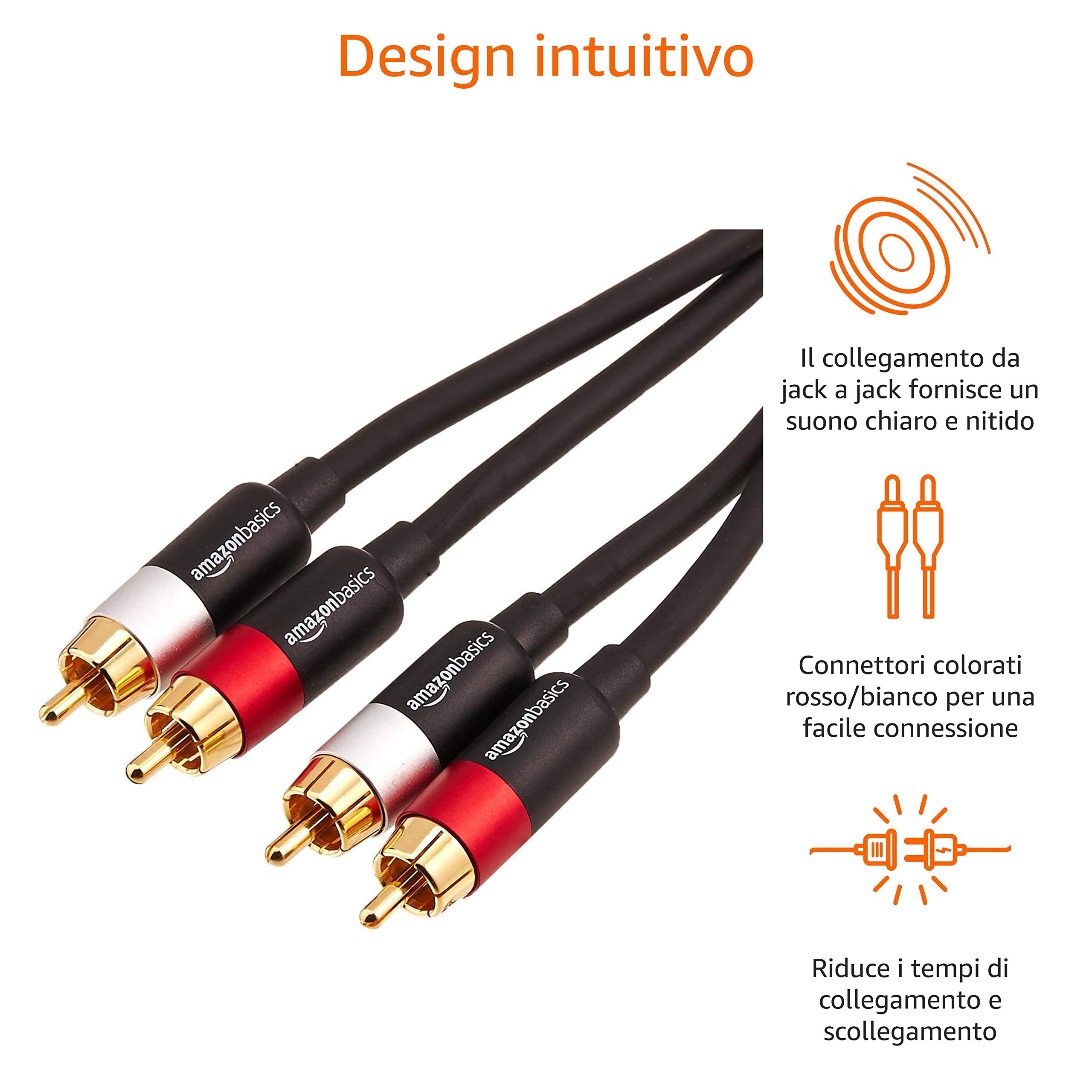 AmazonBasics Cavo Audio RCA 2 Maschi 1,22 m Placcato Oro