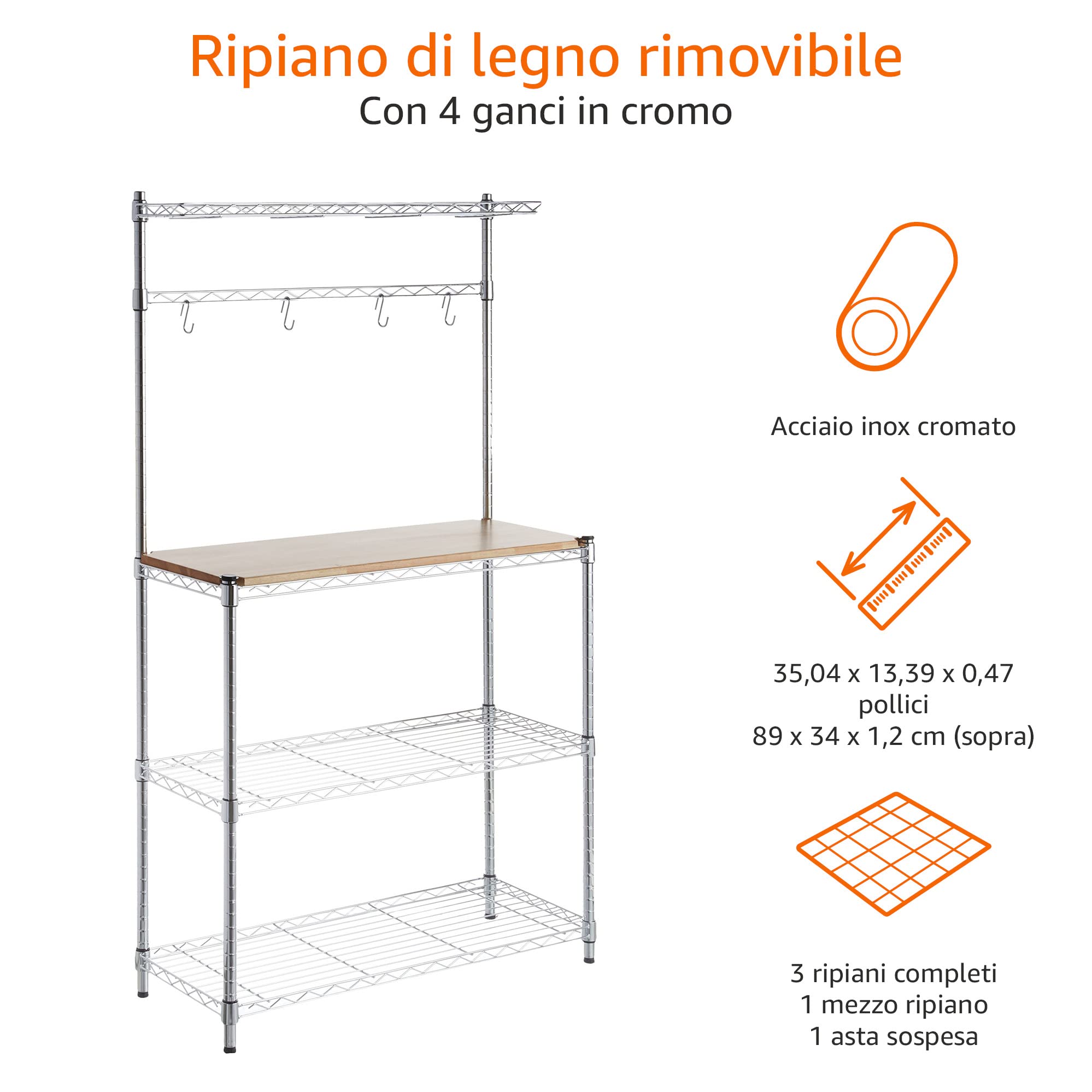 AmazonBasics Scaffale 3 Ripiani Legno Cromato 91x161 cm