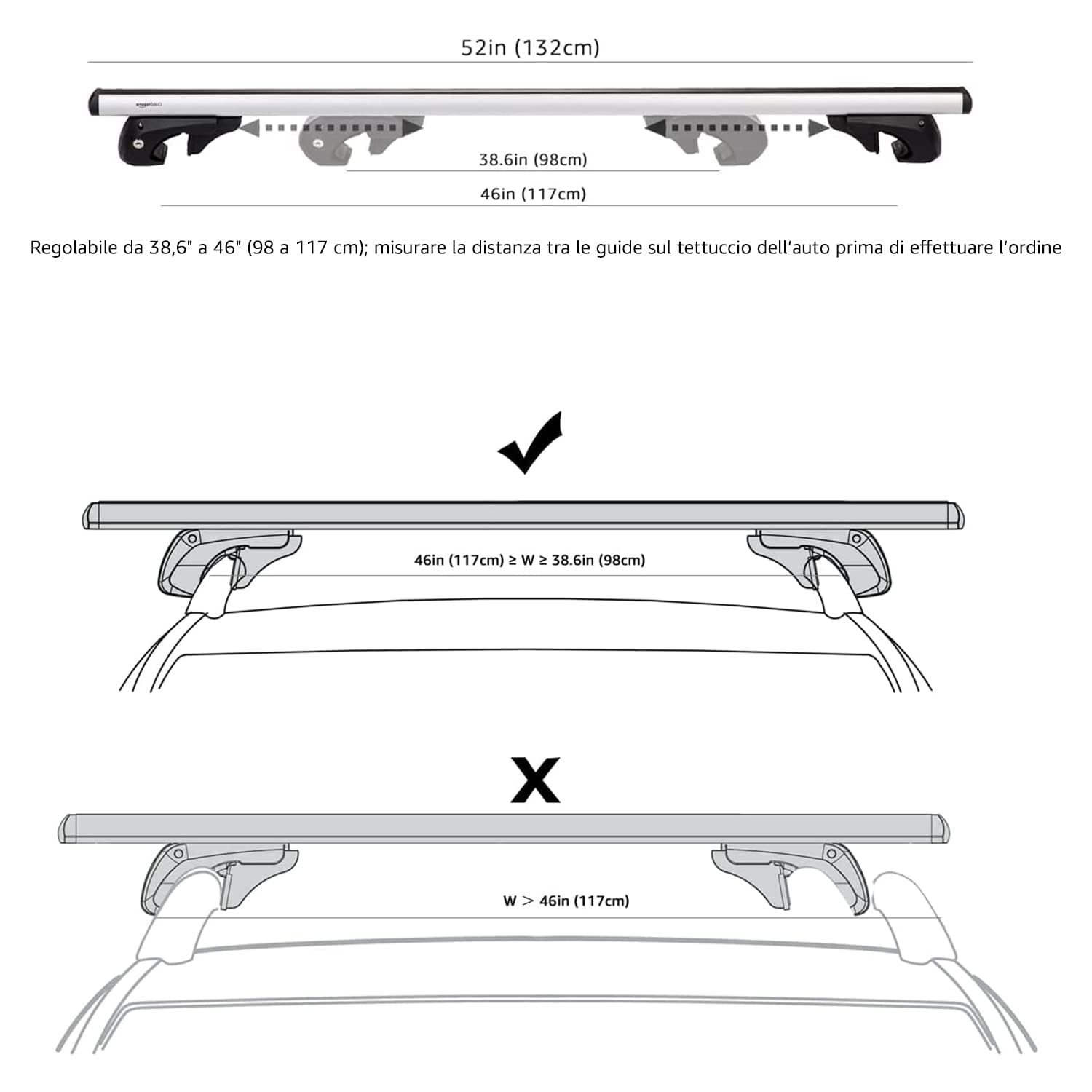Amazon Basics Barre Portatutto Auto 132 cm Nero Alluminio