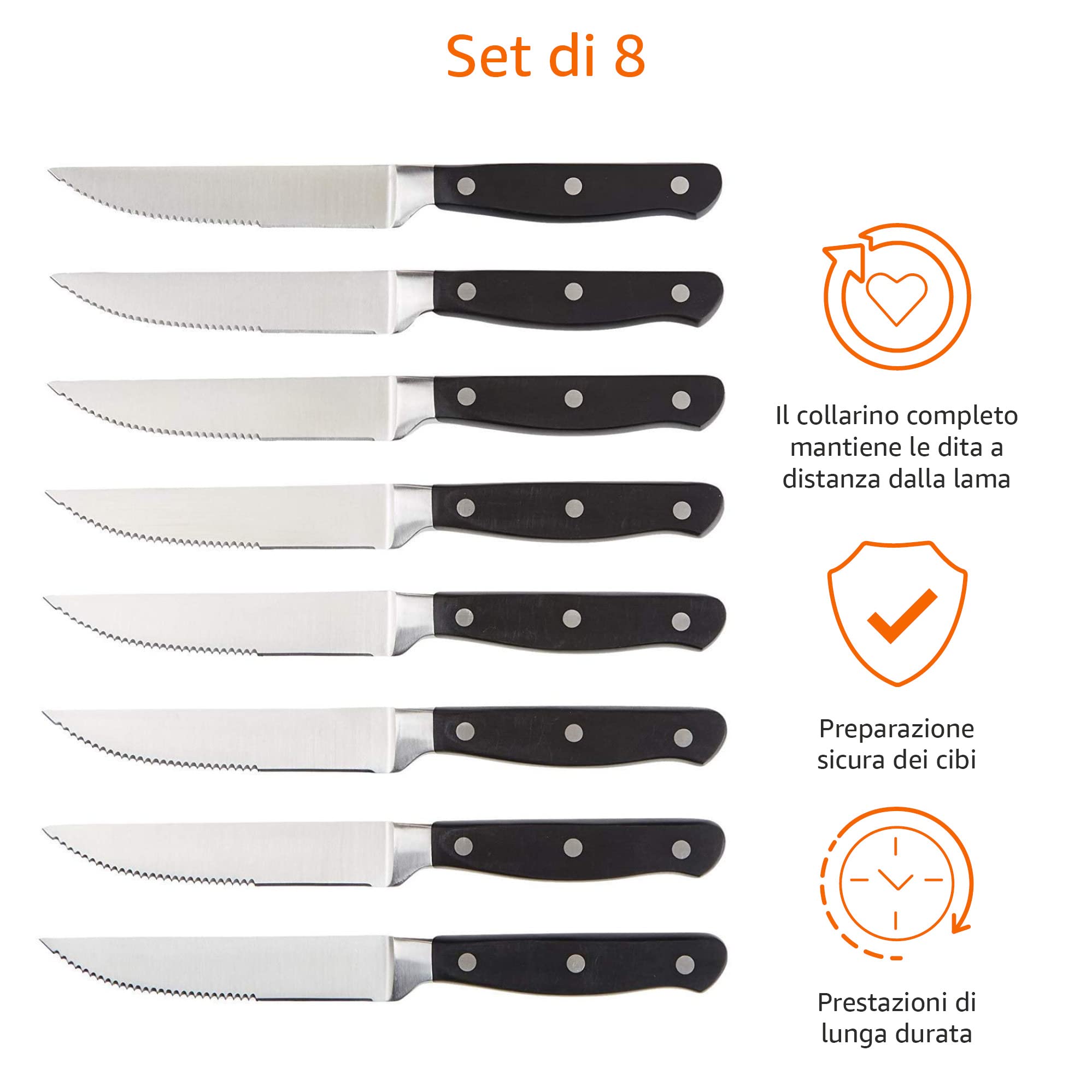 AmazonBasics Set Coltelli da Carne 8 Pezzi Acciaio