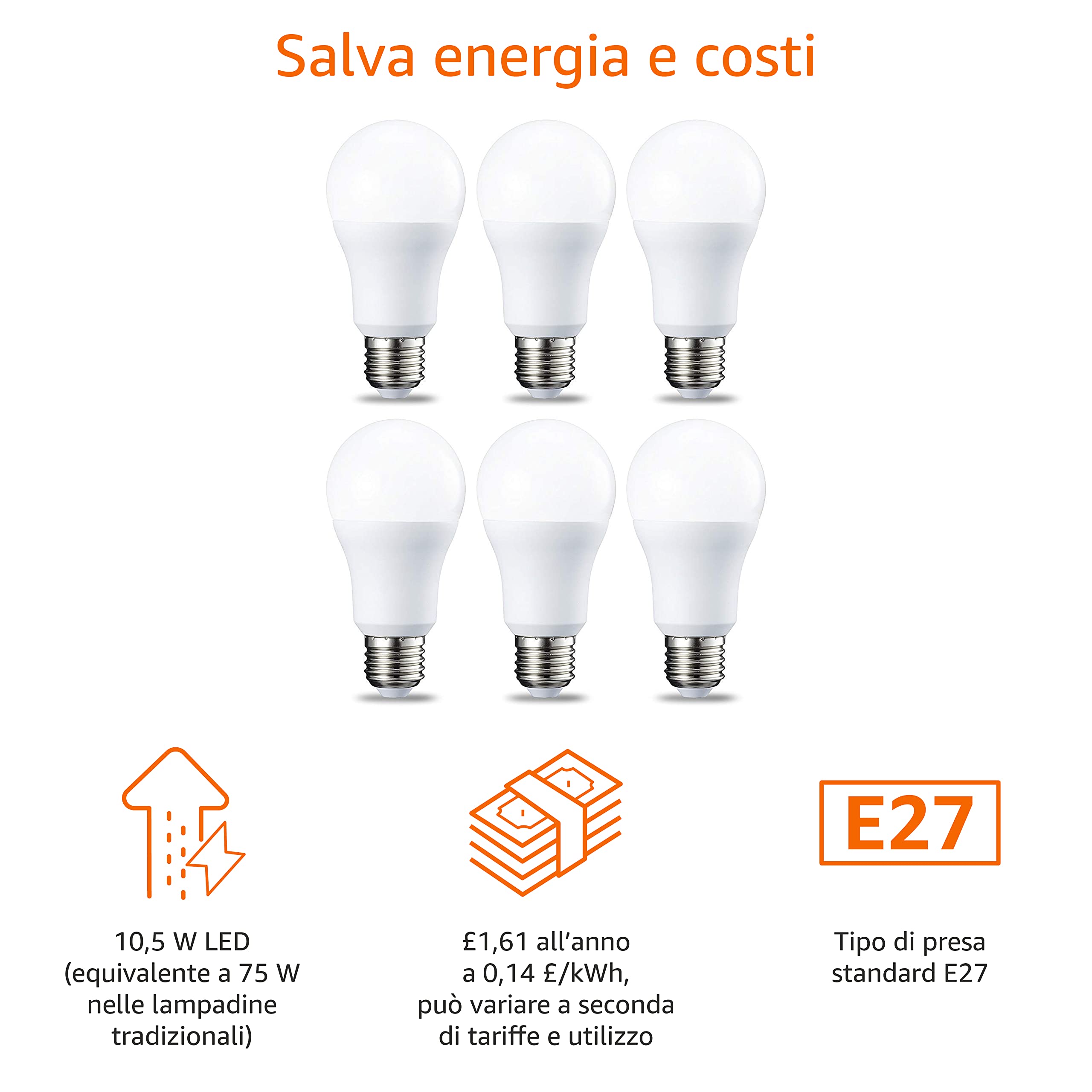 Amazon Basics Lampadine LED E27 10,5W luce calda 6 pz 1055lm