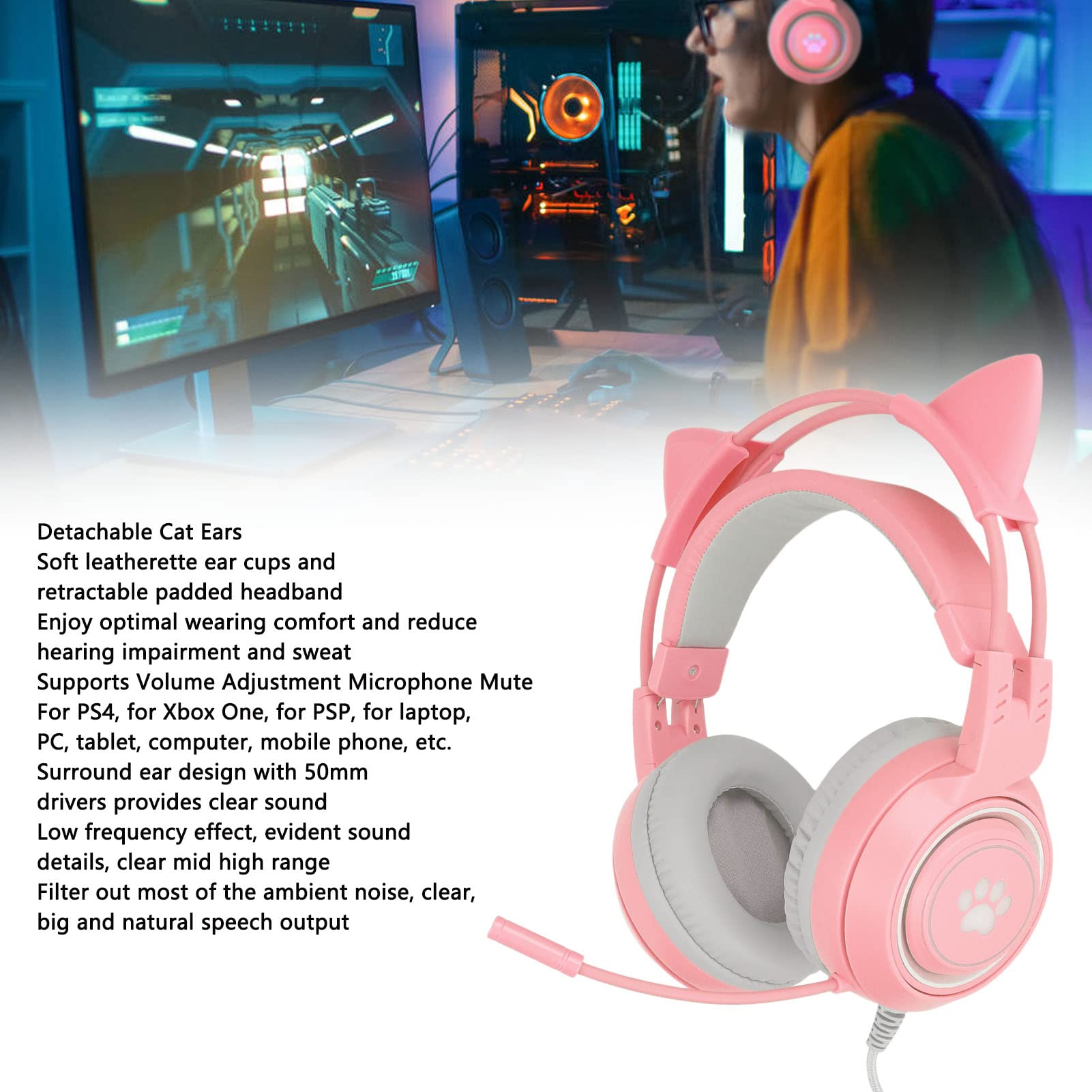 Elprico SY-G2 cuffie gaming rosa orecchie gatto USB