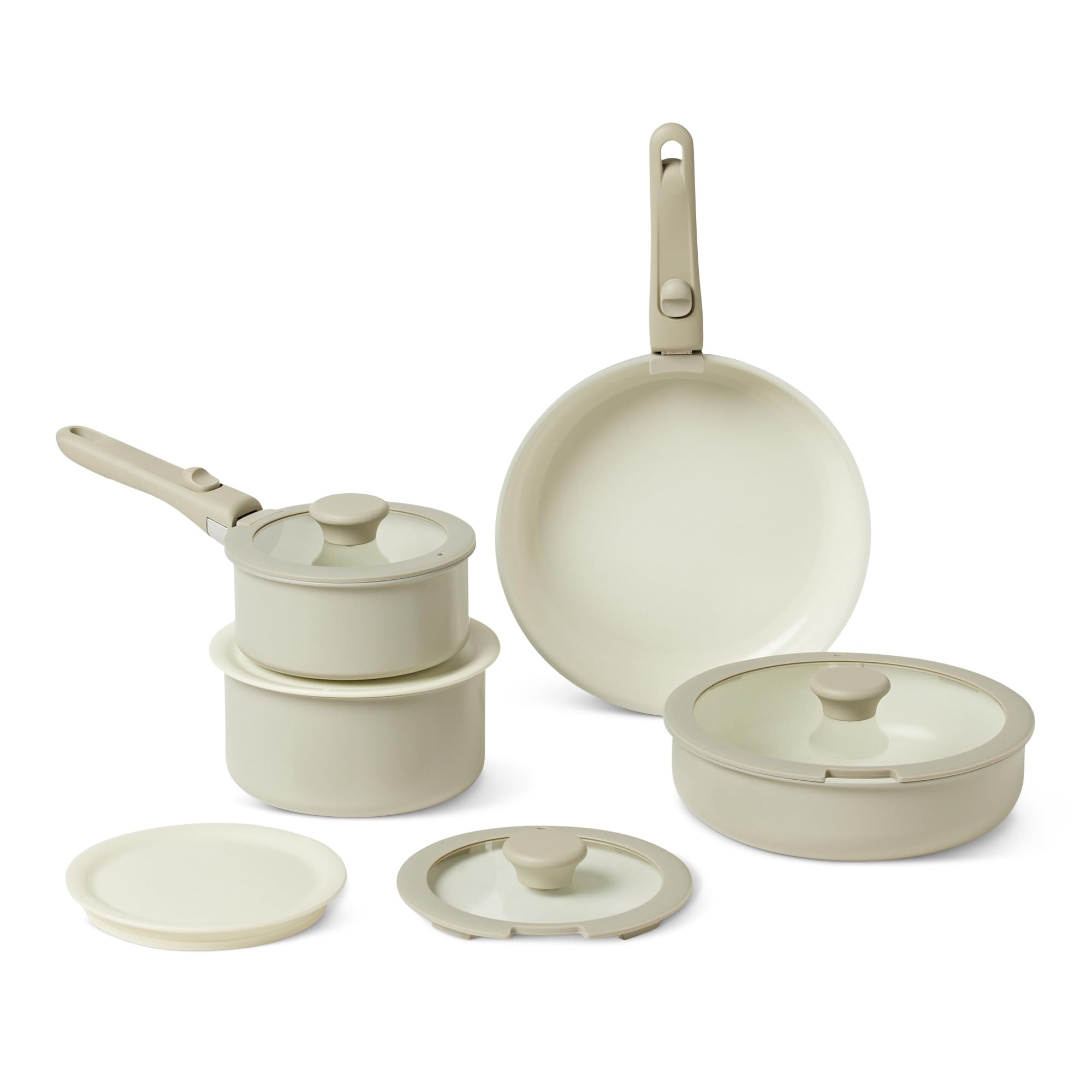 AmazonBasics Set Pentole Ceramica Avorio 11 Pezzi Impilabile