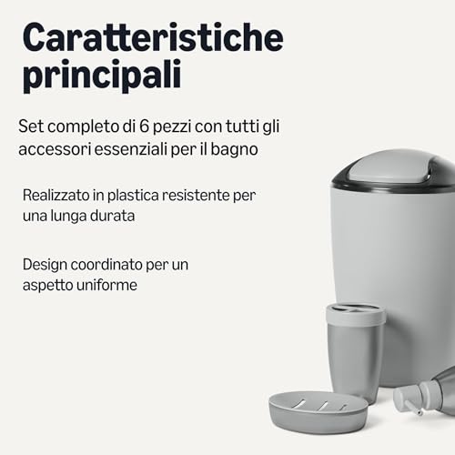 AmazonBasics Set Accessori Bagno 6 Pezzi Grigio Plastica