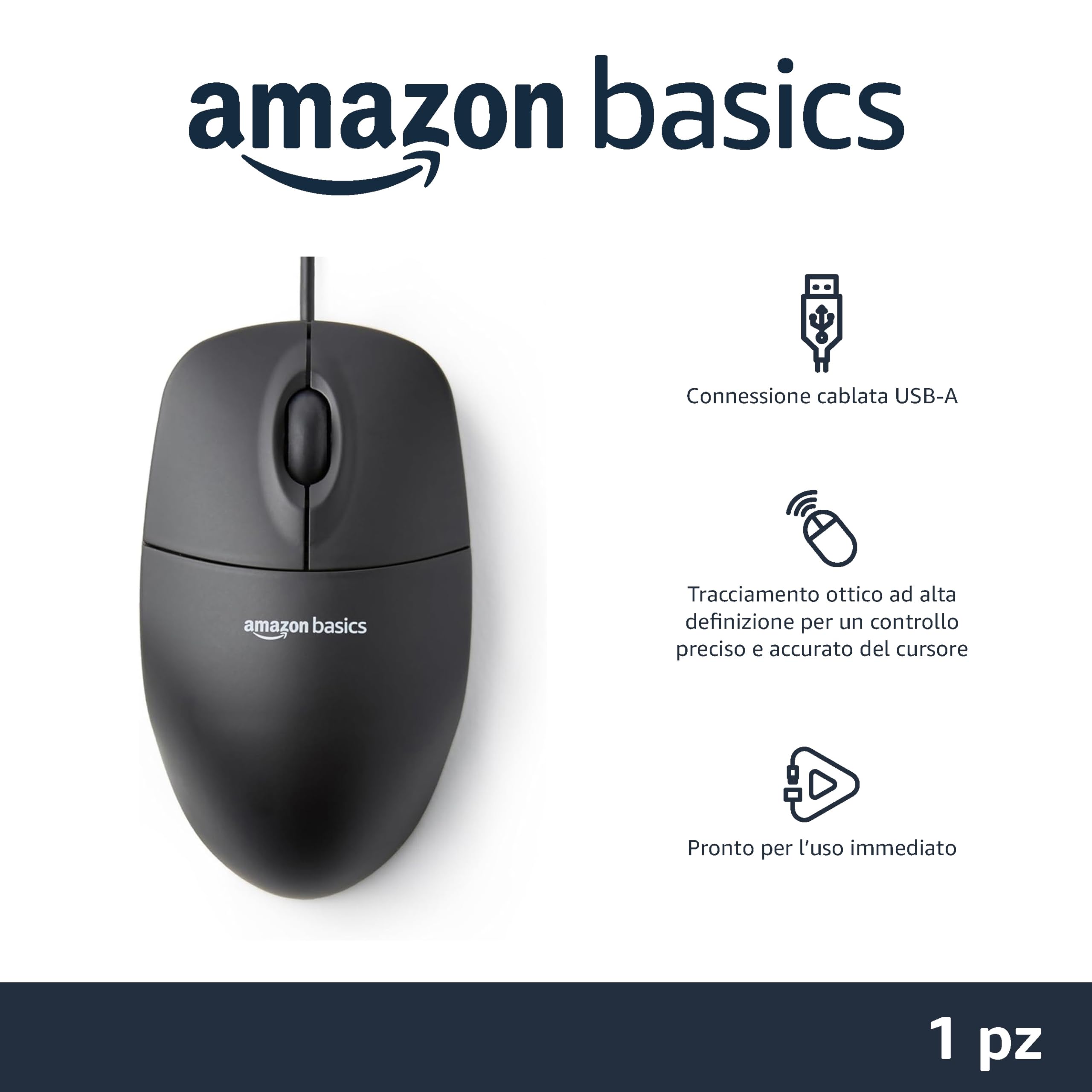 AmazonBasics Mouse Ottico USB Nero Confezione da 1 1000 dpi