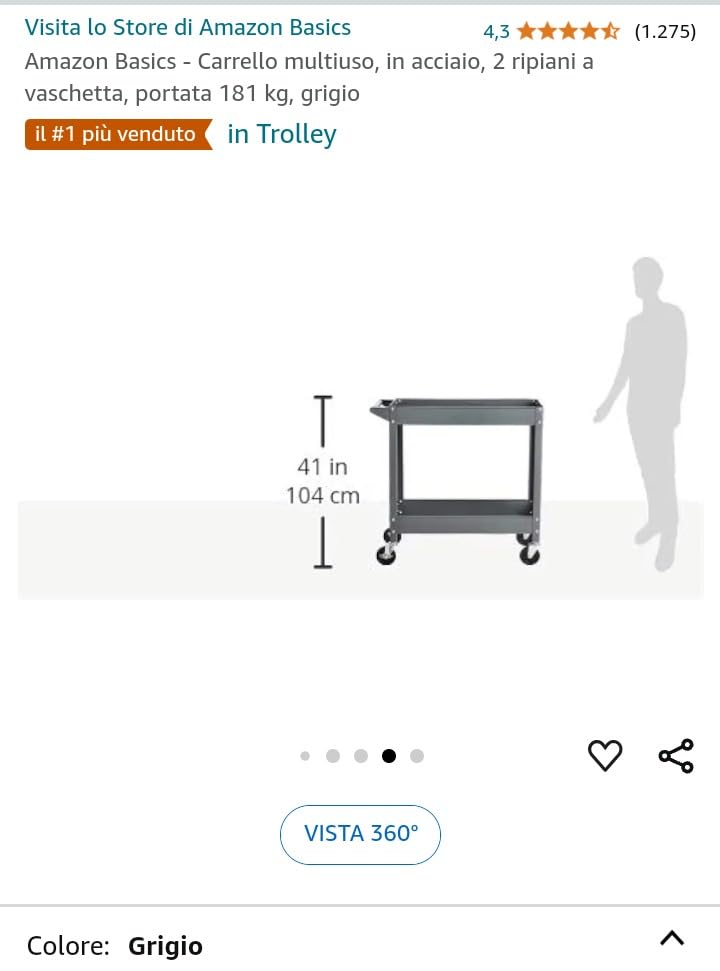 AmazonBasics Carrello Multiuso Acciaio 2 Ripiani Grigio 181 kg