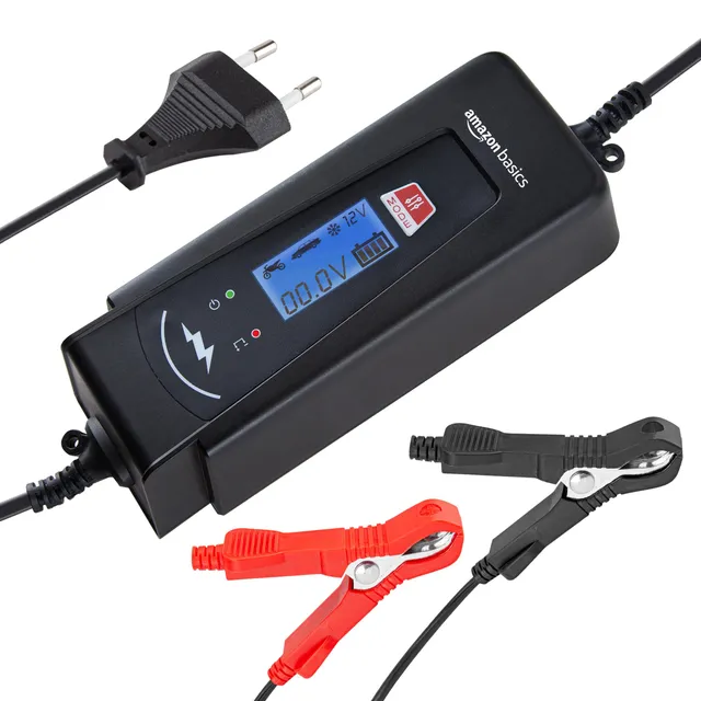 Amazon Basics Caricabatterie Auto 6V 12V 2A 4A Nero con Tester