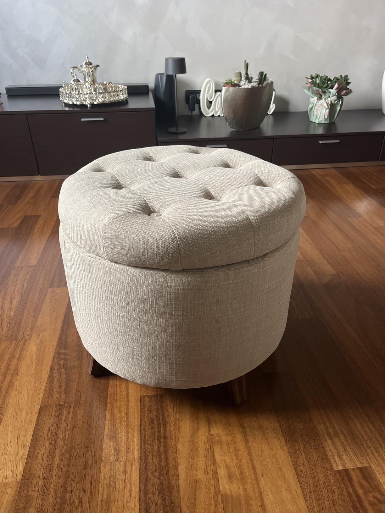 Amazon Basics Sgabello Imbottito Rotondo Beige Pouf Contenitore